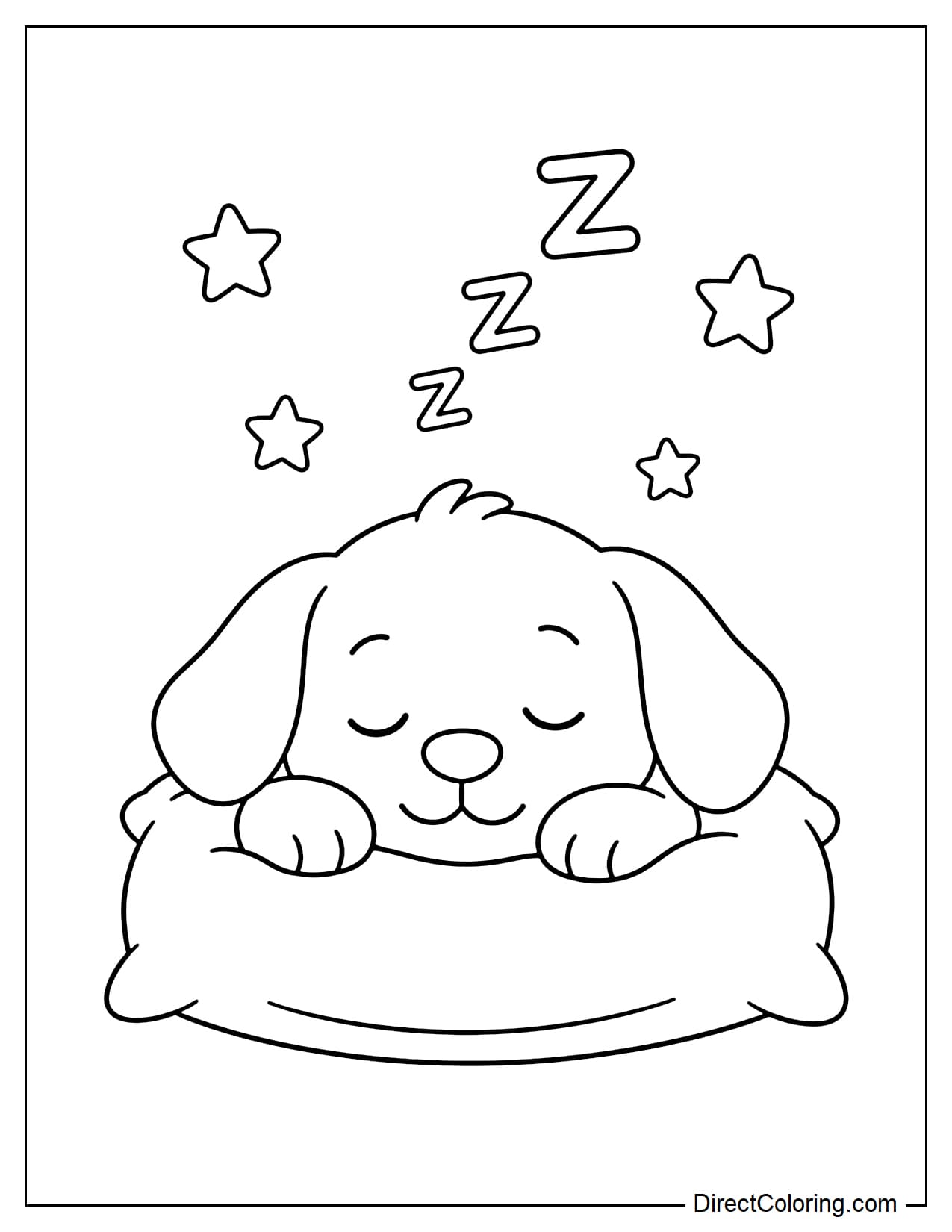 The puppy is sleeping on a soft pillow, eyes closed peacefully, ears gently tucked to the sides, with some sleep symbols and small stars above.