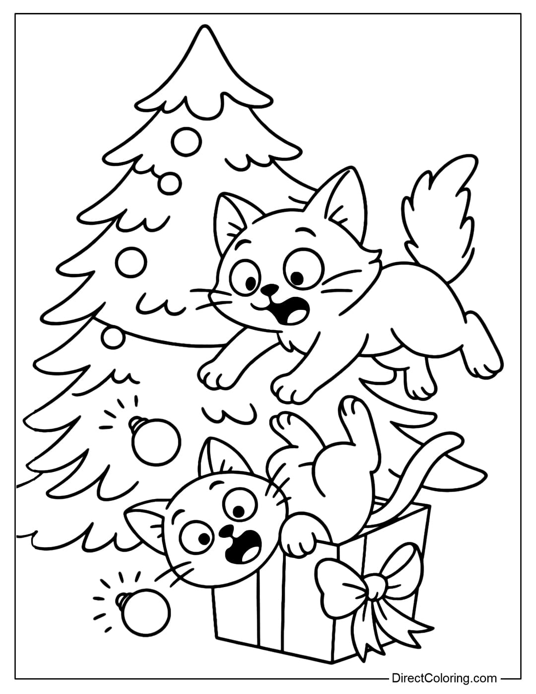 A coloring page of two kittens climbing a Christmas tree, dropping a light bulb and falling into a gift box.
