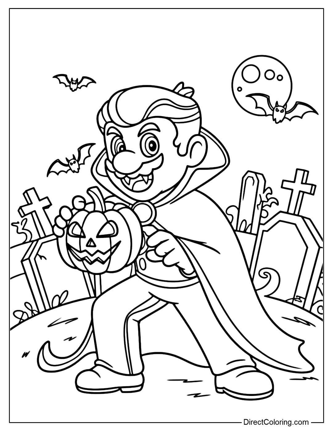 Mario coloring page dressed as a vampire, long cloak, holding a Jack o lantern pumpkin.