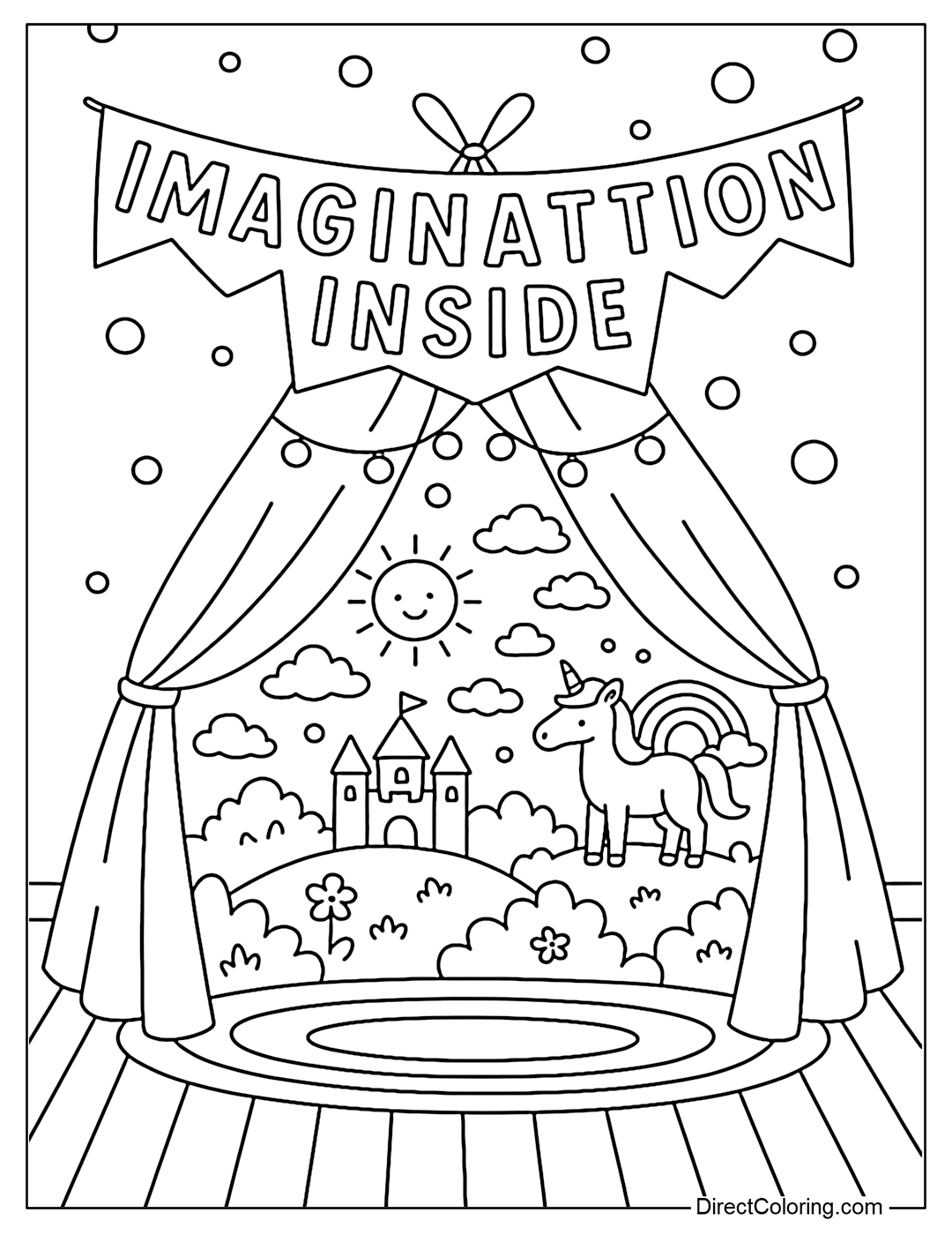 Coloring page of a tent in the room, inside is a magical world. Hanging in front of the tent is a banner 