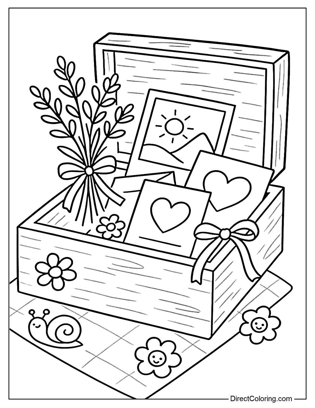 Coloring page of a wooden box containing lovely things: photos, dried flowers, handmade cards, ribbons, stickers.