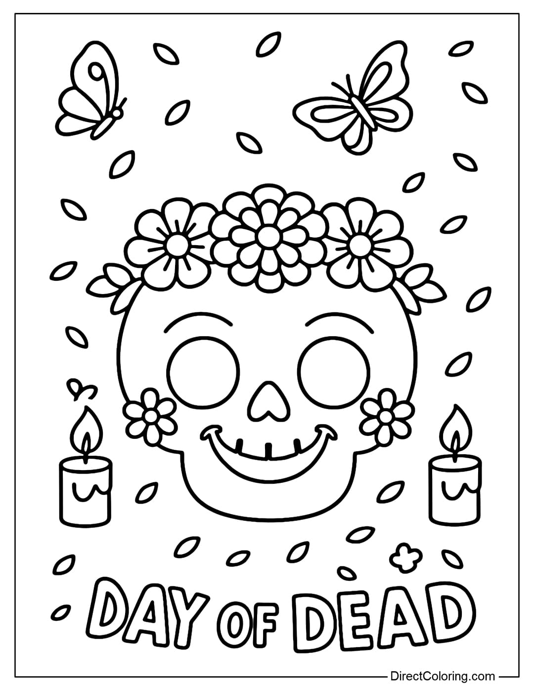 A cute skull coloring page with a smiling mouth, a simple marigold wreath on its head, and the words Day of the Dead below.