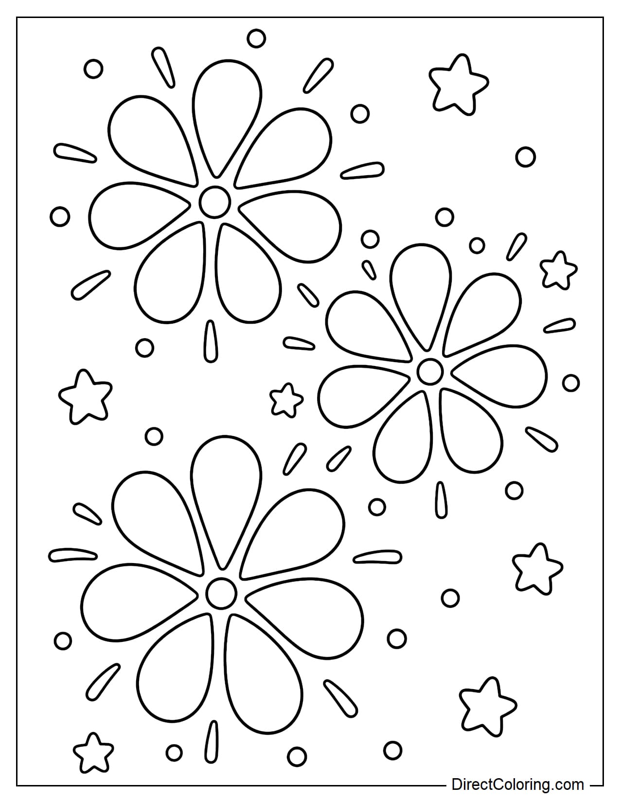 Large, petal-shaped firework bursts arranged in a circle like blooming flowers in the sky, combined with several dots and short sparks.