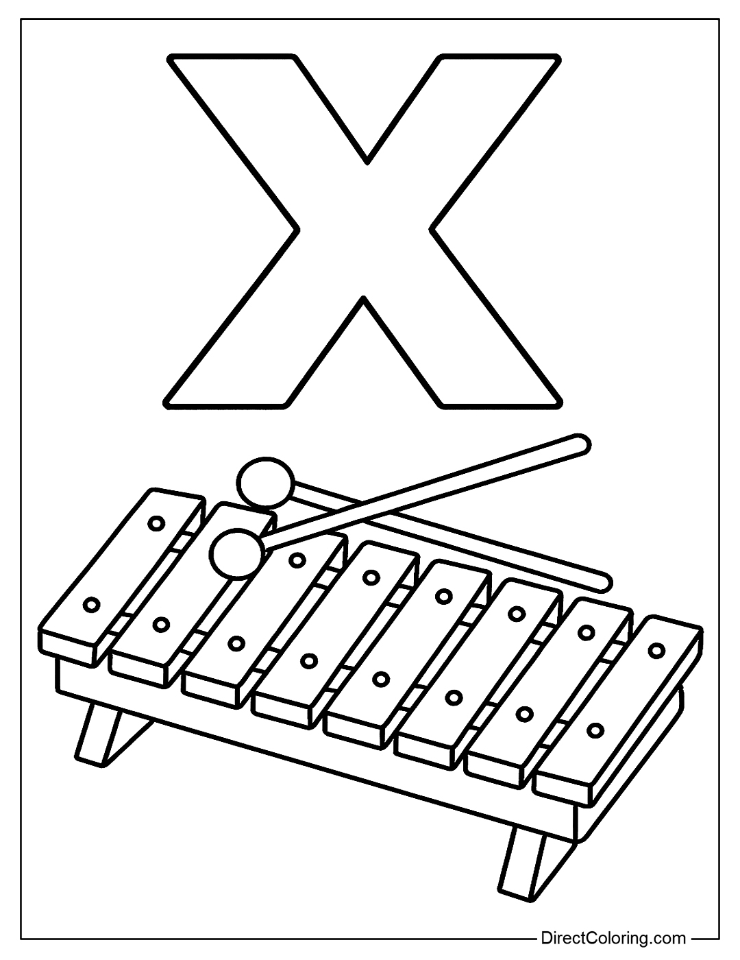 X coloring page with a zither instrument in different colors