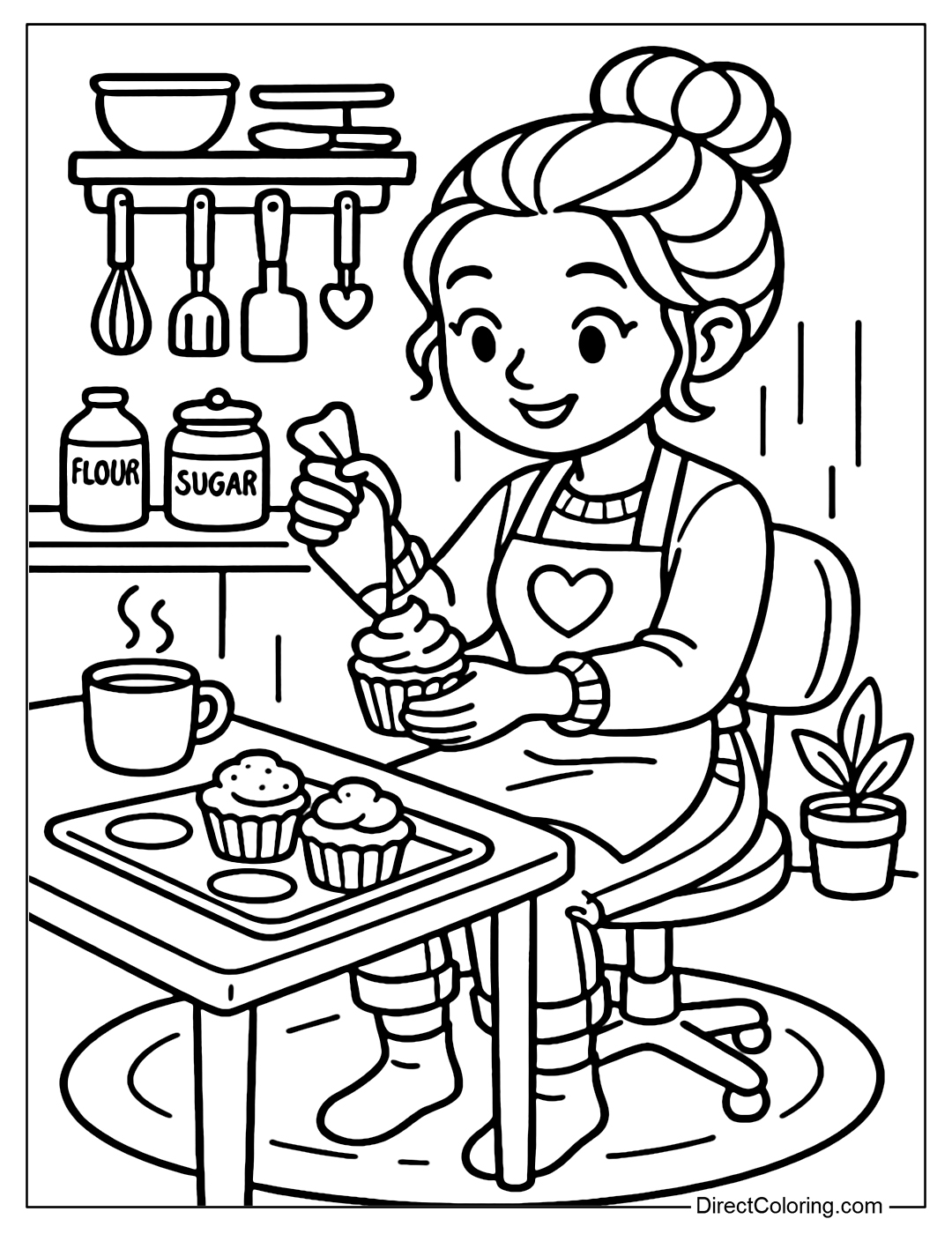 A coloring page of a modern young girl's creative corner of baking.