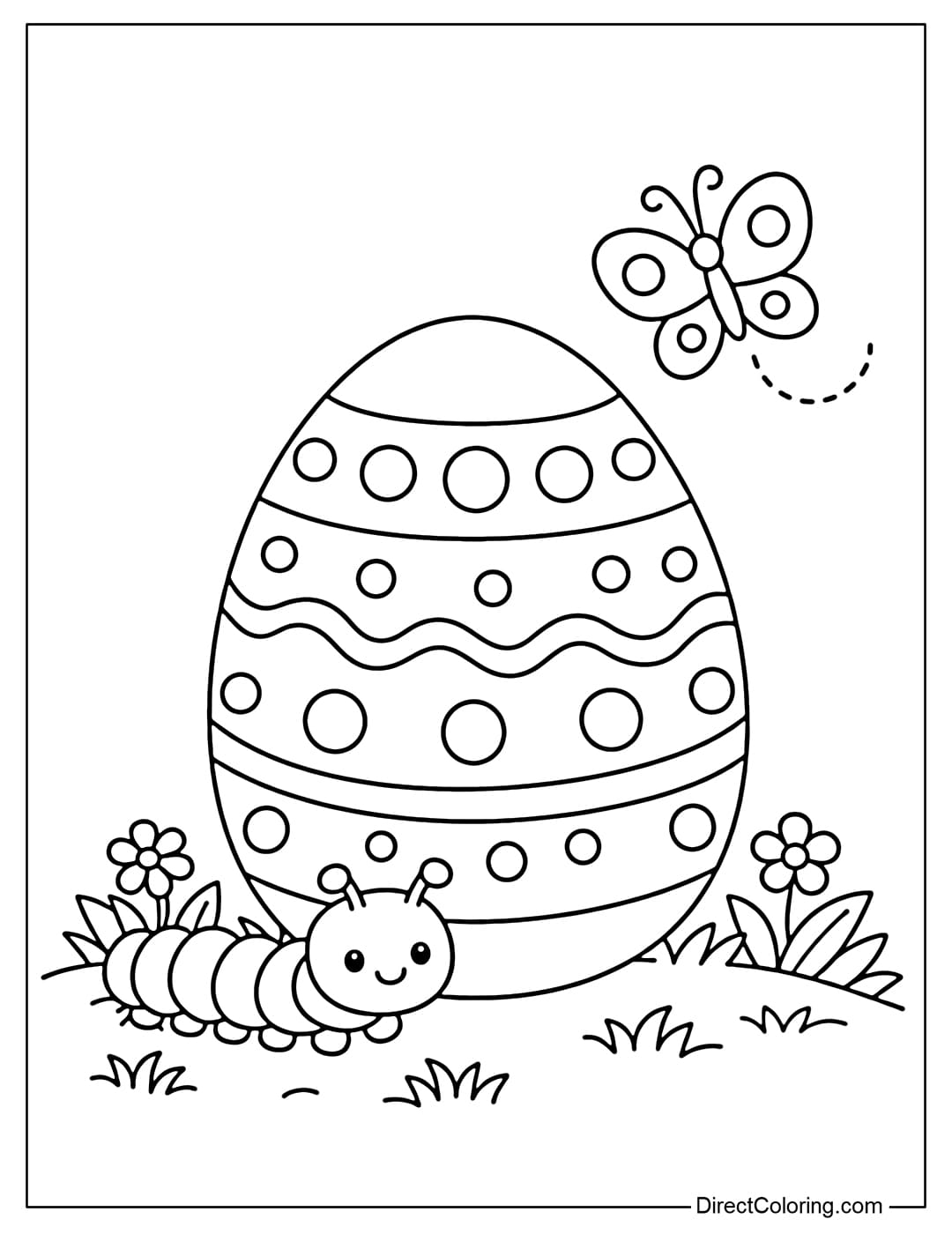 A coloring page featuring a large polka-dot and wavy Easter egg, with a small caterpillar and a butterfly beside it.