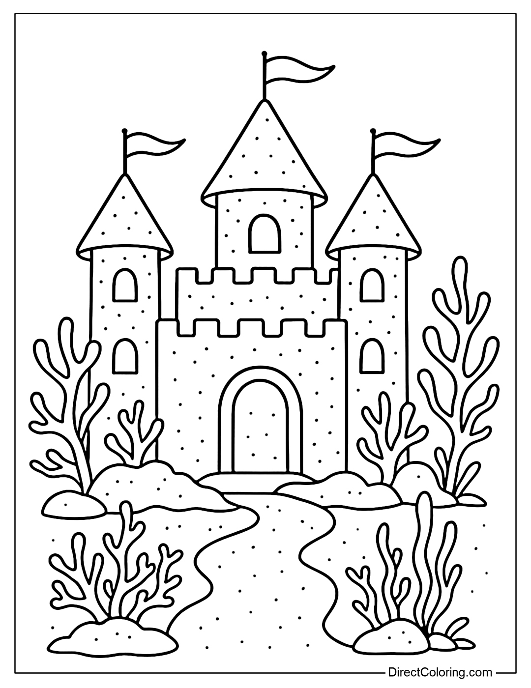 Coloring page with a coral castle with windows, stairs, and corals around.