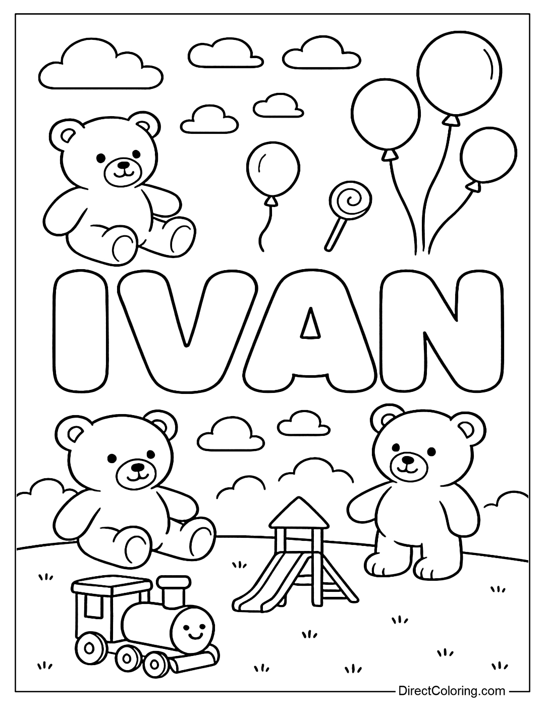 Ivan Name Coloring Page with big, round, cute letters. Surrounded by teddy bears, toy trains, balloons and lollipops.