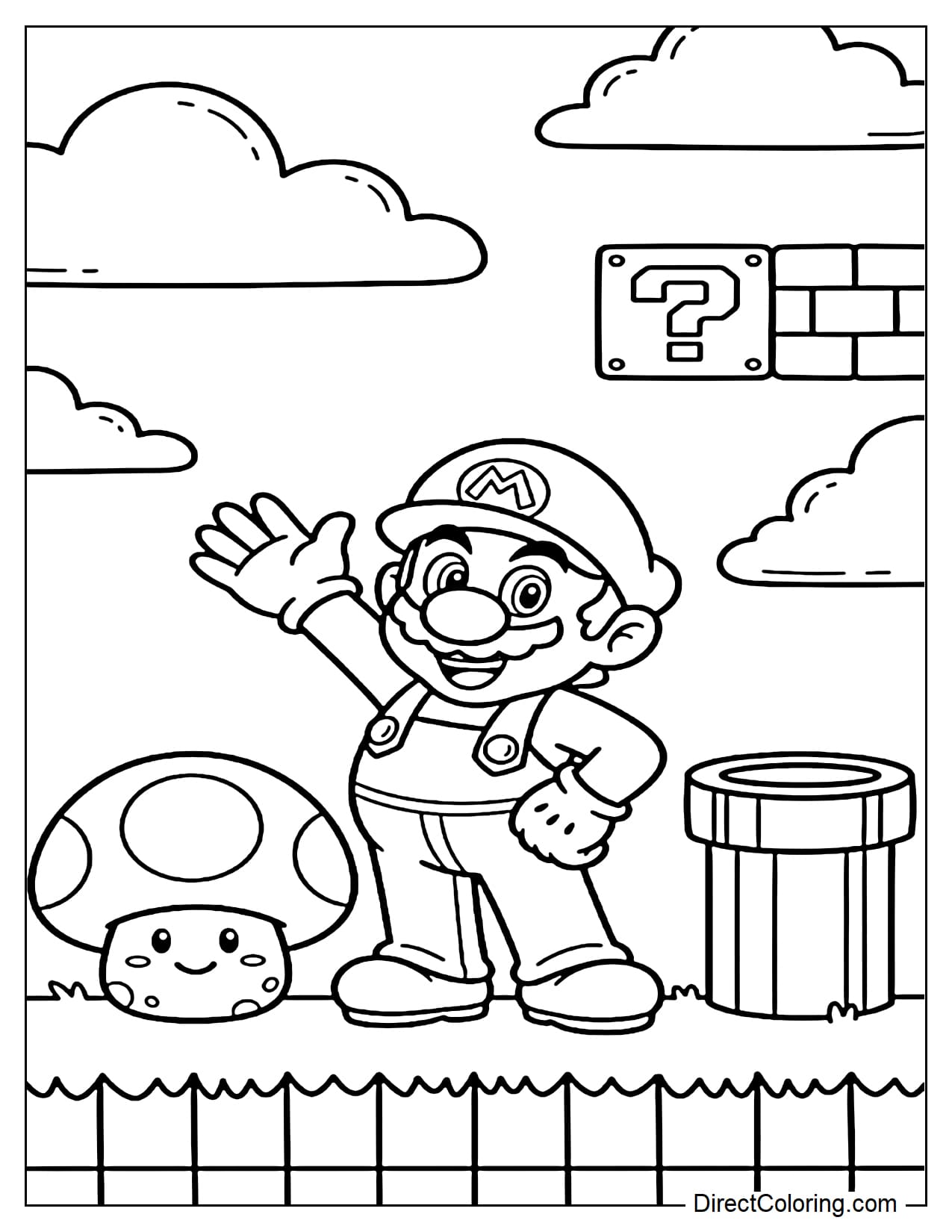 Mario stands beside a large mushroom and a simple Warp Pipe.