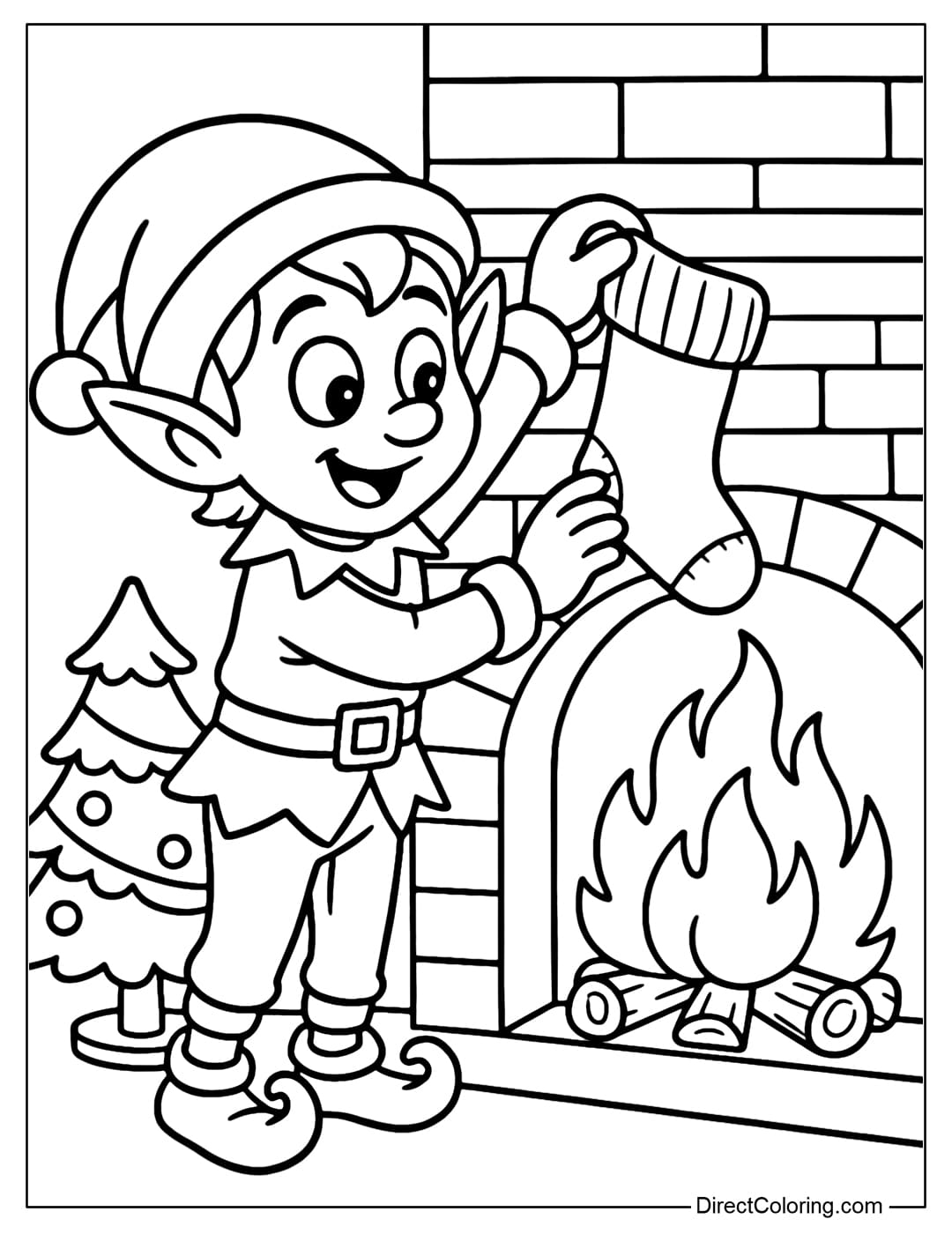 An elf coloring page hanging woolen stockings on the fireplace, a warm fire flickering, a small pine tree beside it.