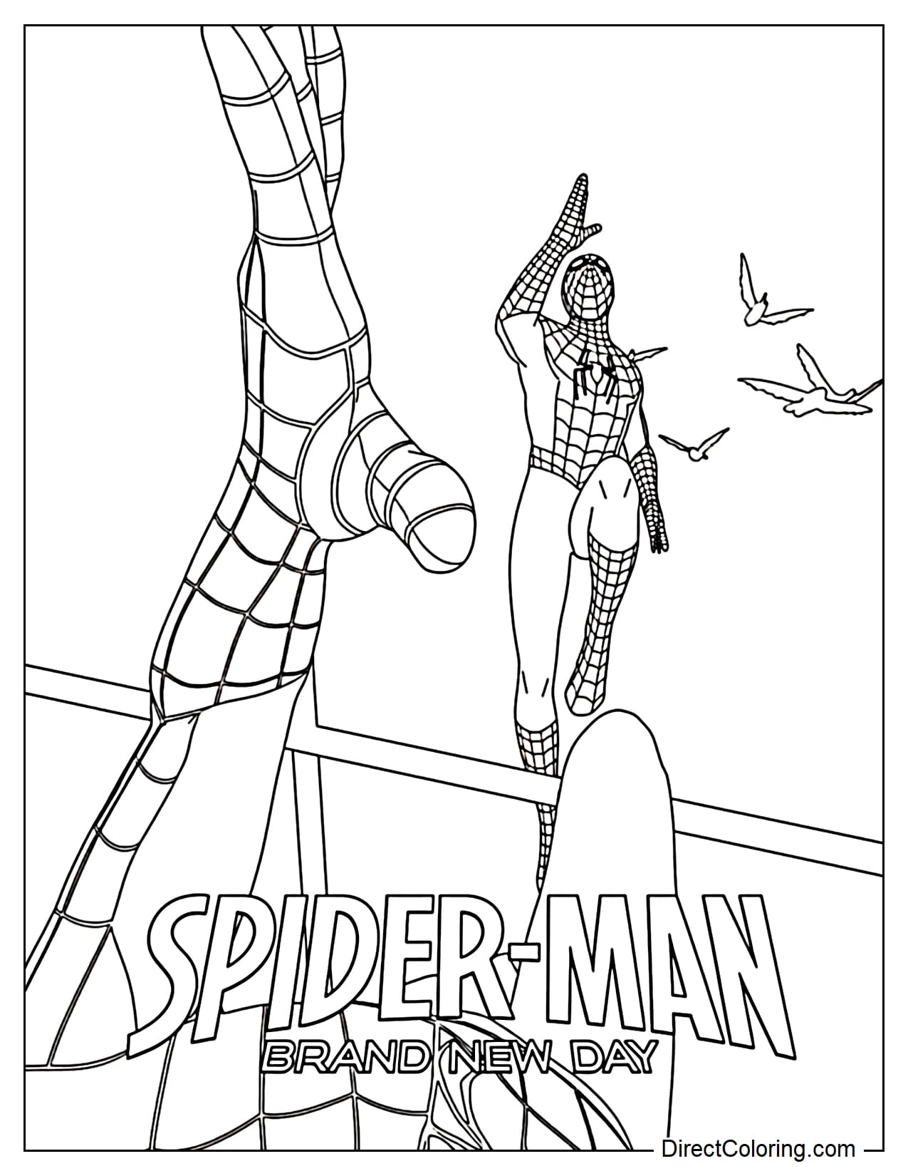 The Spider-Man: Brand New Day poster features Spider-Man greeting the new day alongside flying birds. Below is the text 