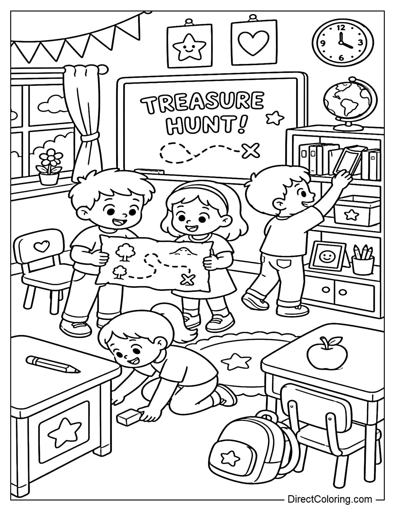 A group of children are playing treasure hunt in their classroom, using a simple map to find pencils, books, erasers, and apples hidden around the room.