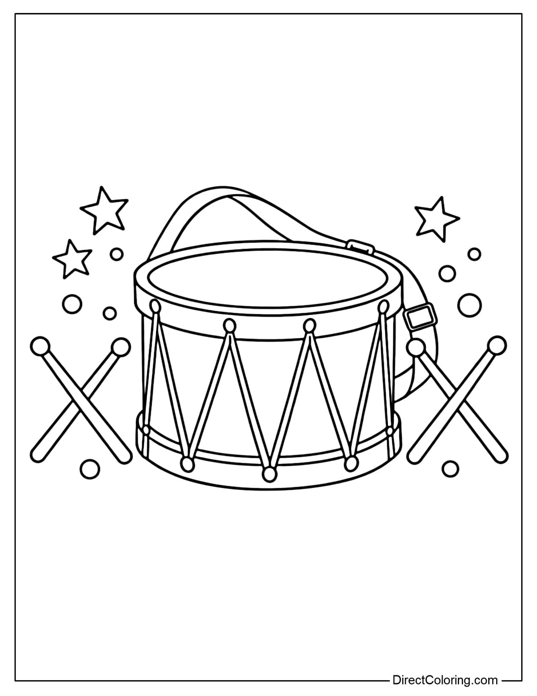 A coloring page of a large parade drum with simple straps and two small drumsticks placed diagonally on either side.