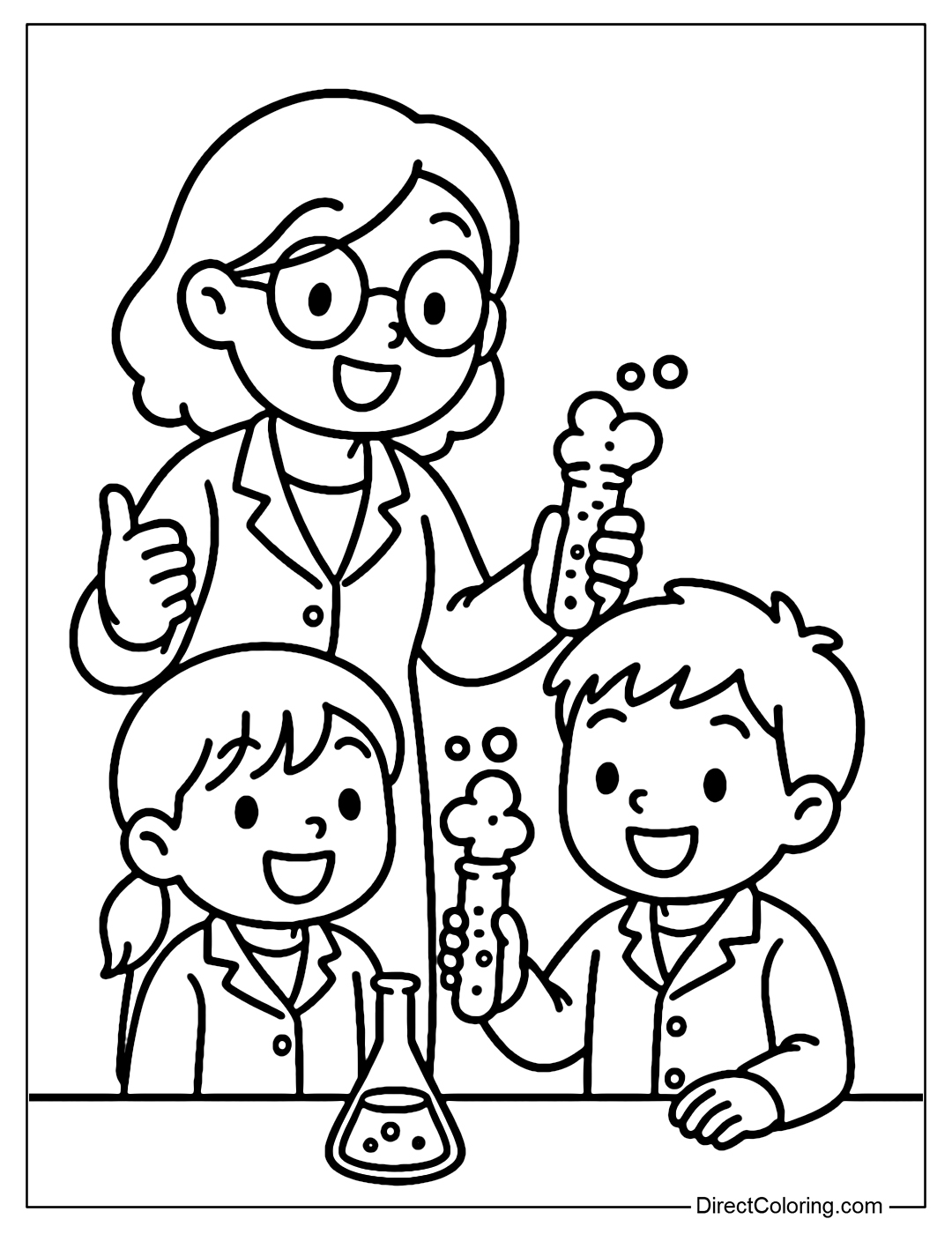 A teacher and students doing a science experiment with bubbling test tubes, with excited expressions.
