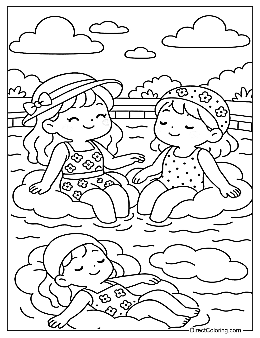 An outdoor swimming pool coloring page under the gentle clouds, kids relaxing on a cloud-shaped float.