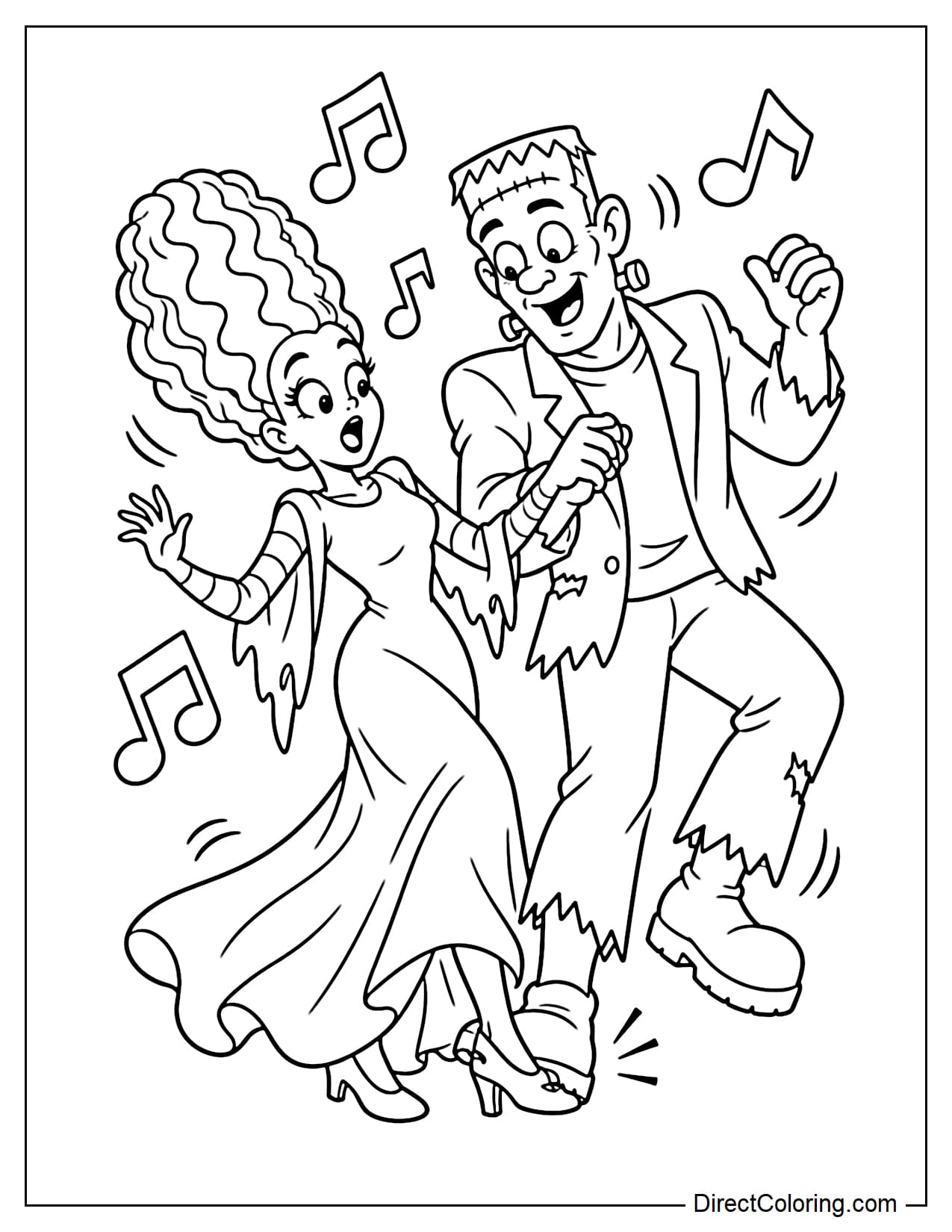 Frankenstein and the Bride of Frankenstein dance together as Frankenstein clumsily steps on her foot, with a few musical notes floating around them.