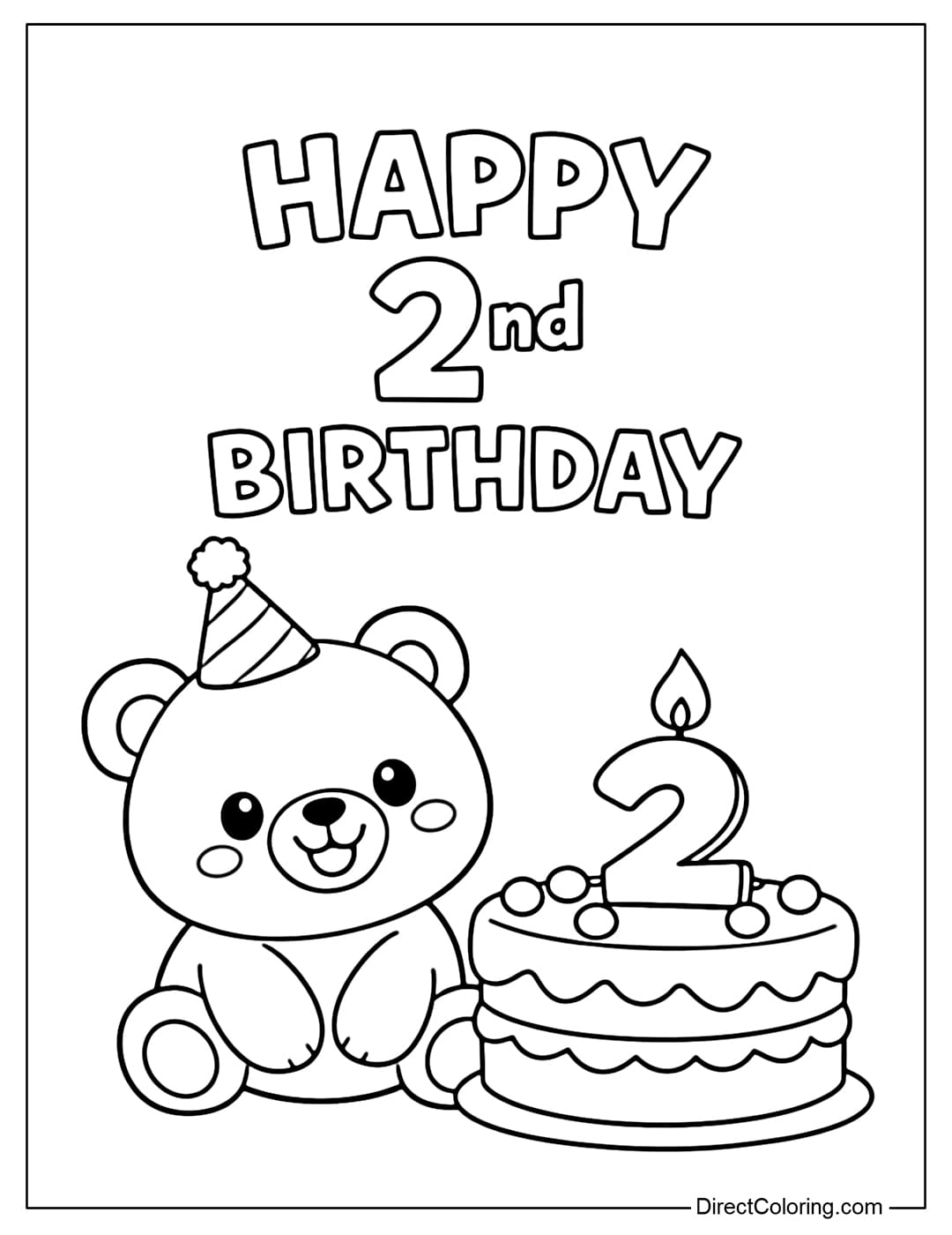 A coloring page for a cute teddy bear sitting next to a birthday cake with a number 2 candle. Above it is the text 