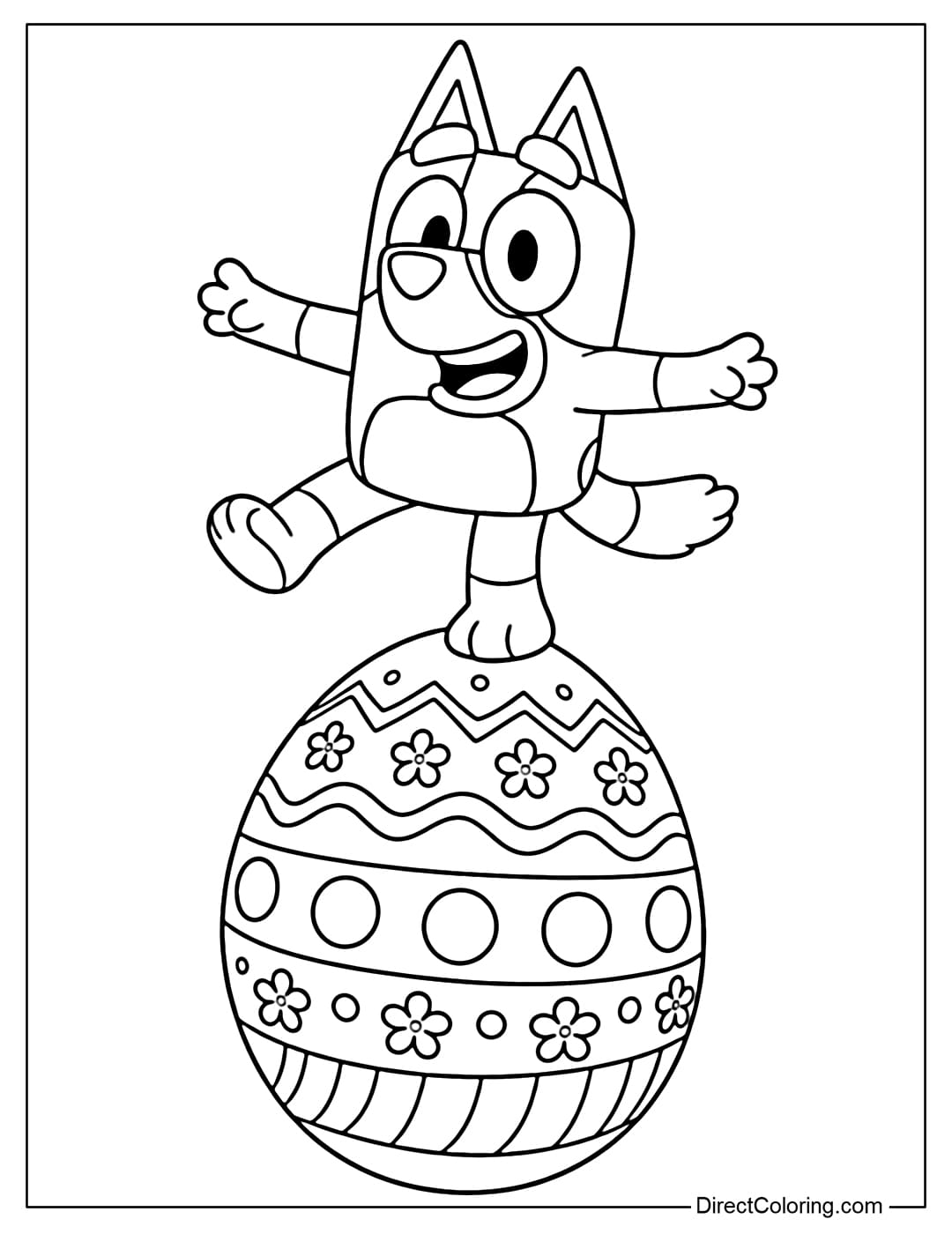 Bluey is standing and running on a large Easter egg as if balancing.