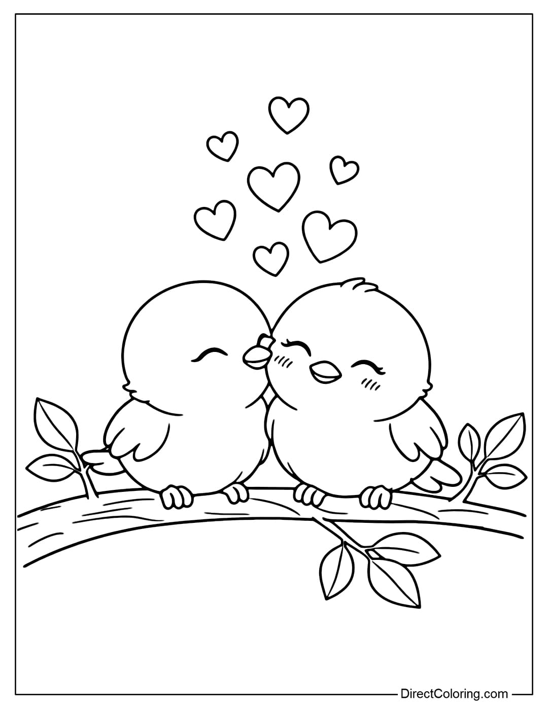 A coloring page featuring two cute little birds kissing on the cheek, with hearts flying above.