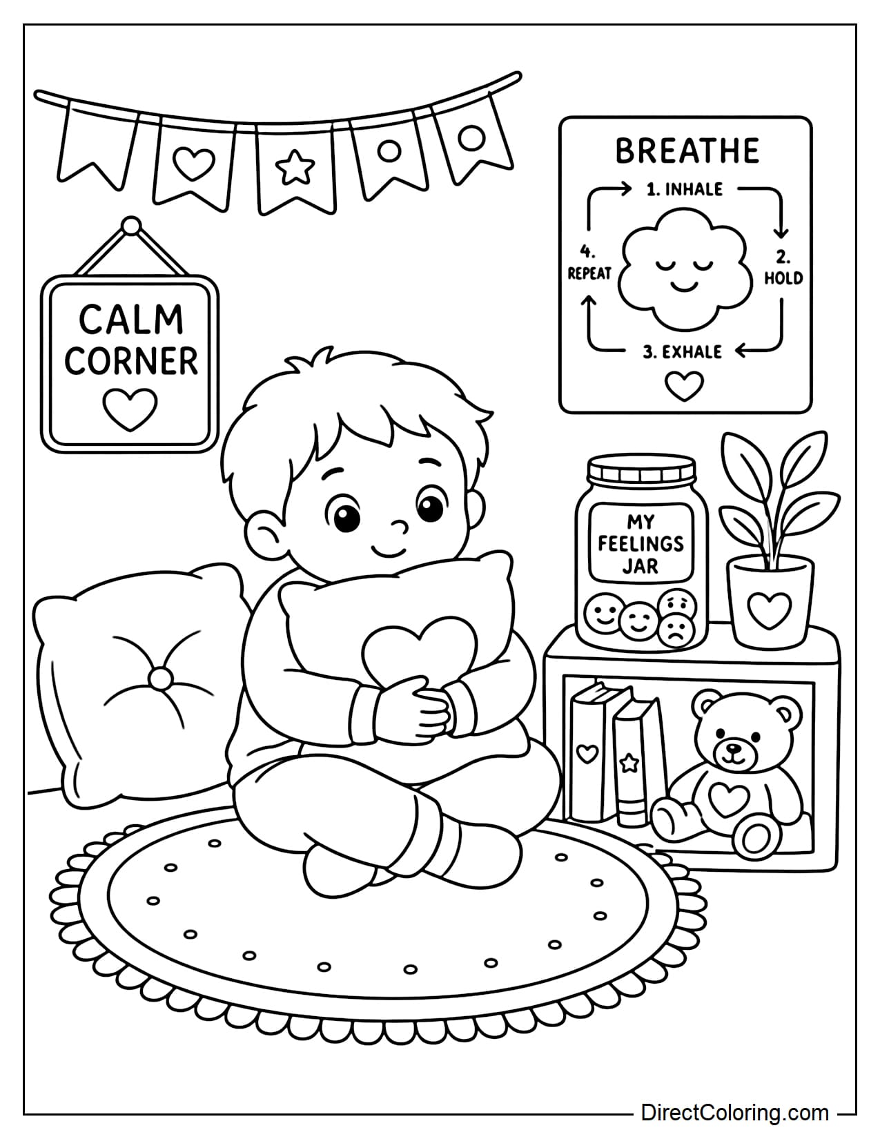 A child is relaxing in the calm corner of the classroom, hugging a soft pillow, with a breathing exercise poster and a jar of emotions beside them.