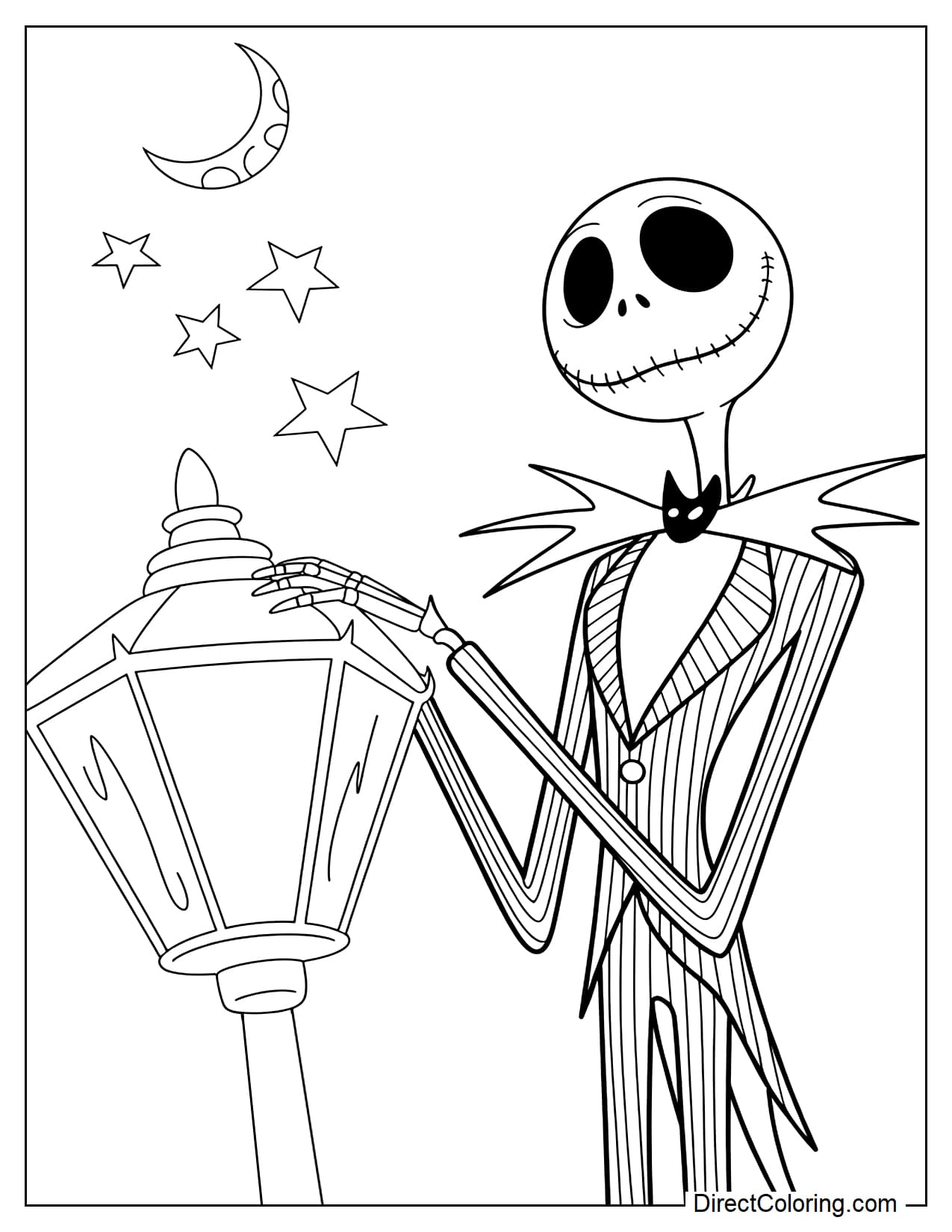 Jack Skellington shown from the head to the waist standing beside a large crooked Halloween streetlamp, gently touching the lamp post with one hand, with a small crescent moon and a few stars in the background.