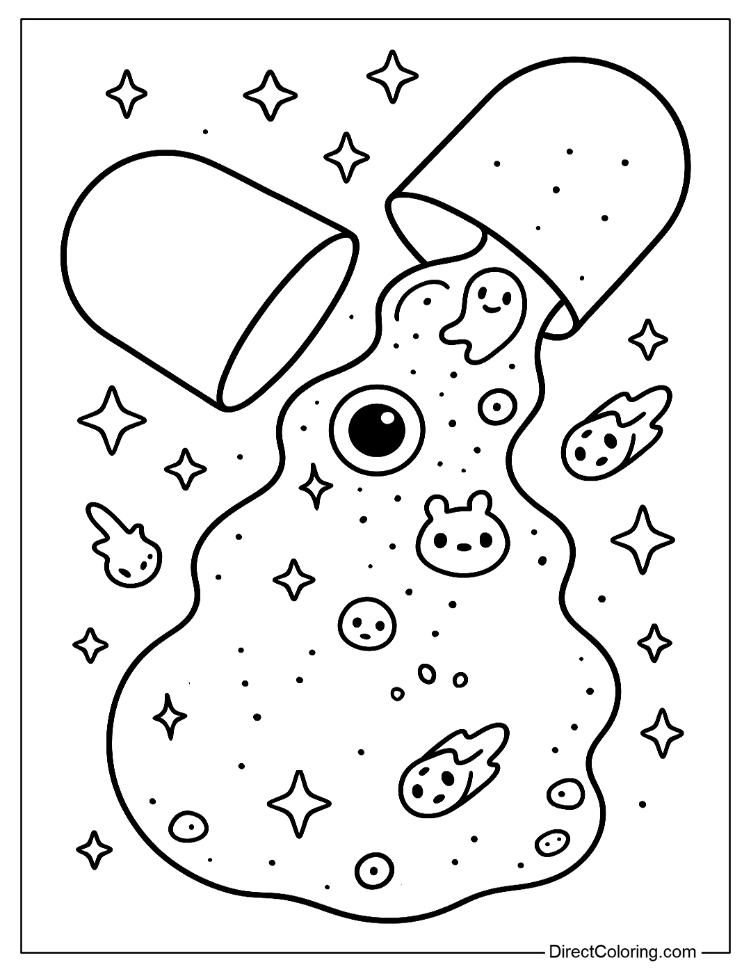 A capsule coloring page with a galaxy-like slime pouring out of the capsule, with eyes and strange little creatures inside