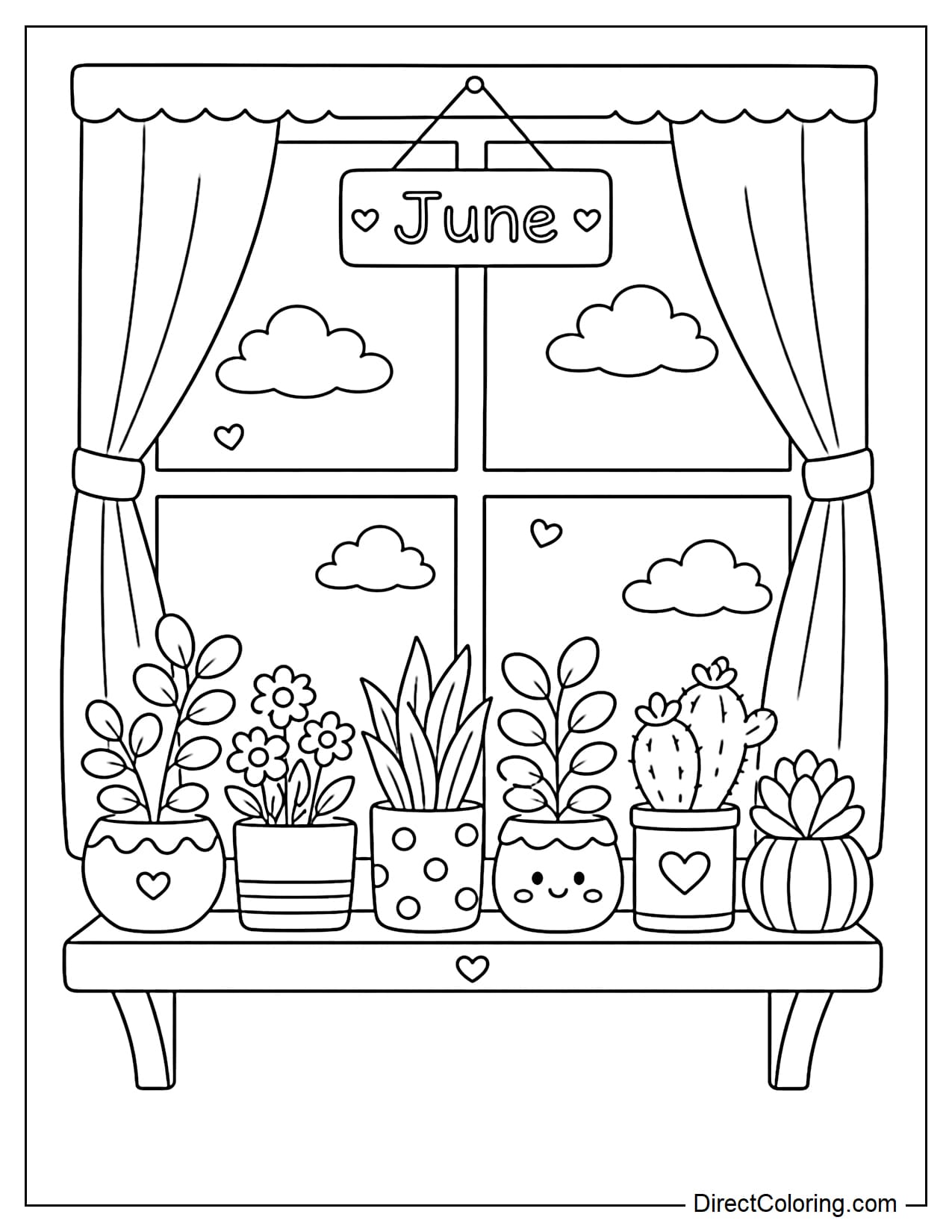 Several small potted plants are placed side by side on a June window shelf, each with a different simple design.