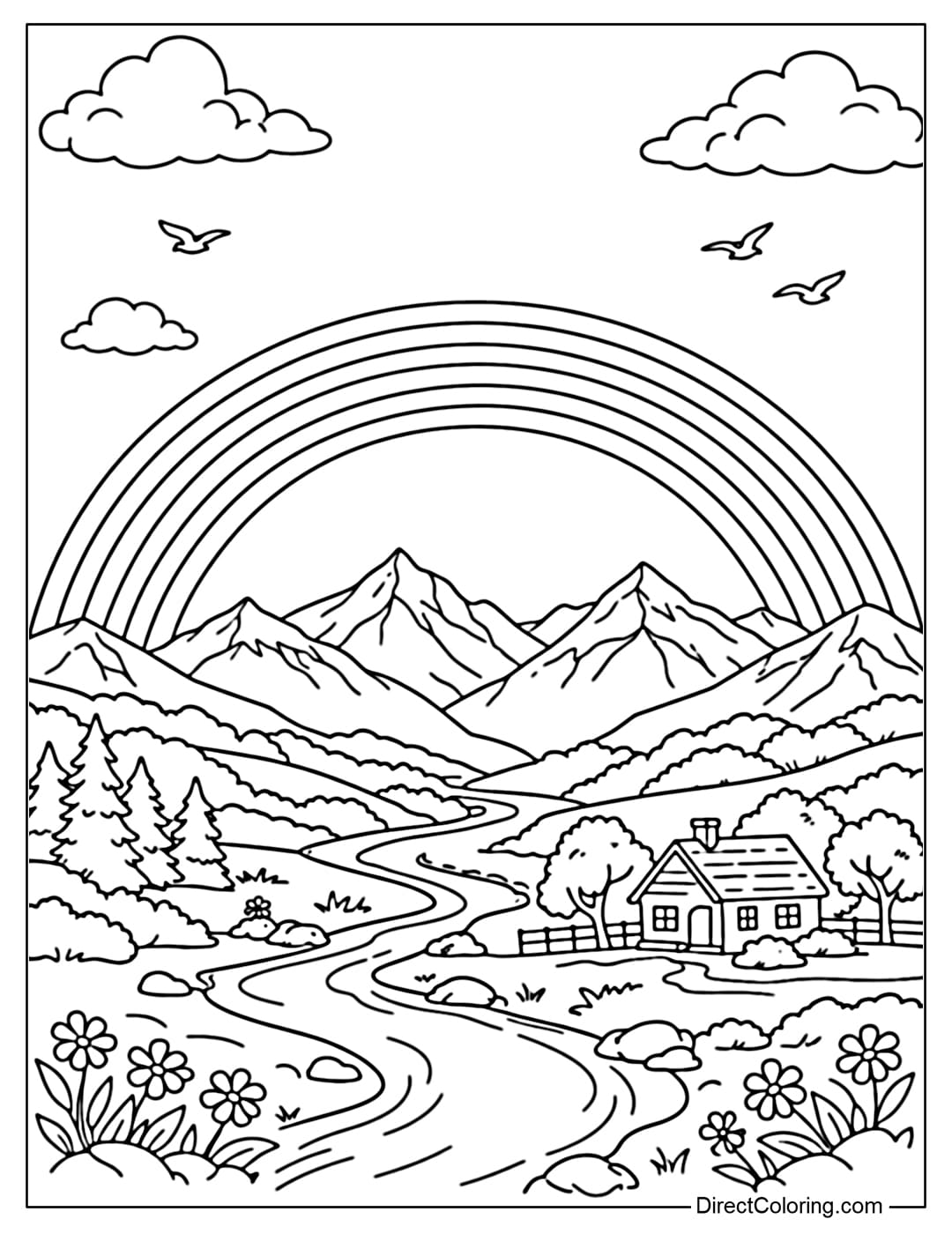 A coloring page with a large rainbow stretching across mountains and valleys.