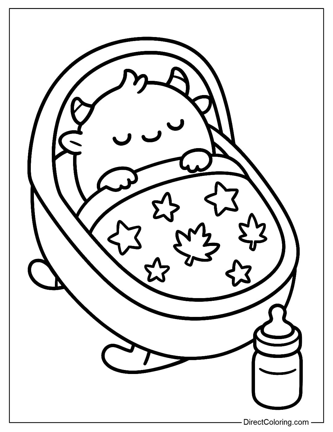 A chubby baby monster coloring page is sleeping in a crib, covered with a small blanket with stars and maple leaves, and a milk bottle next to it.