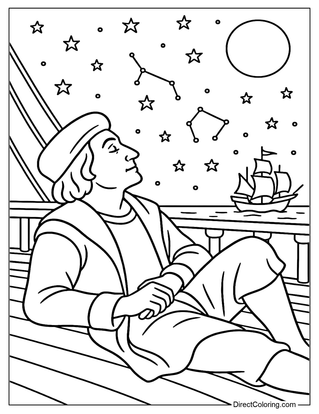 Coloring page of Columbus lying on the deck of a ship looking up at the sky full of constellations and a full moon.
