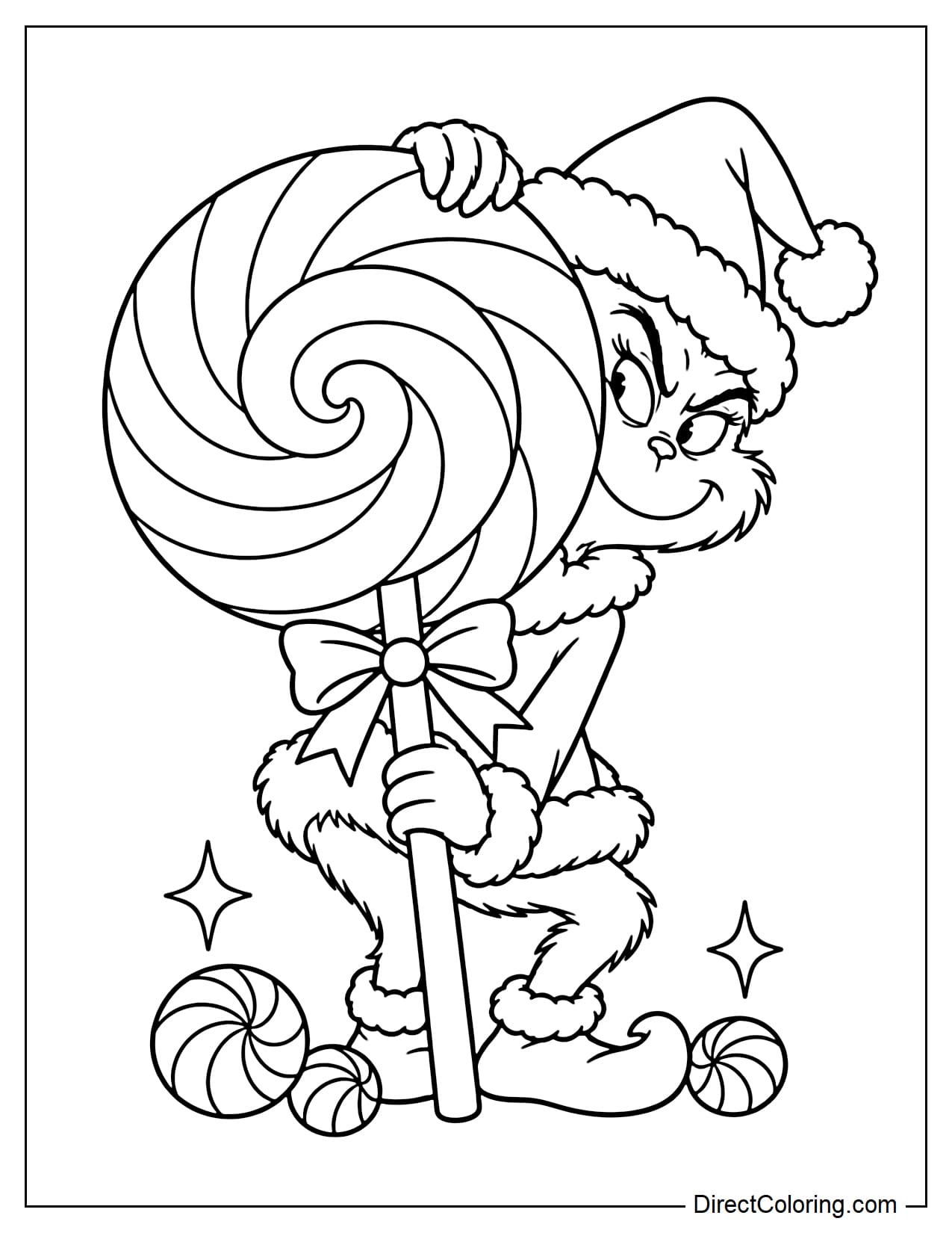 Grinch wears a Santa hat and mischievously hides behind a giant Christmas lollipop with a spiral pattern, revealing only half his face and a sly expression.