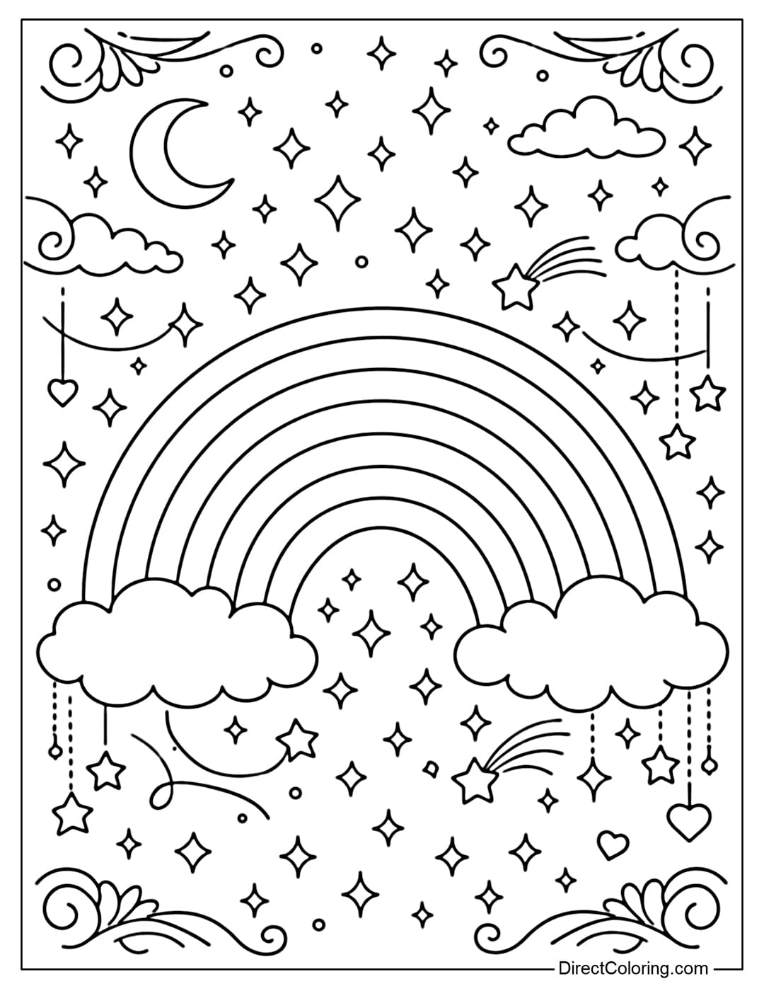 A rainbow coloring page with a sky full of sparkling stars and decorative patterns in the background.