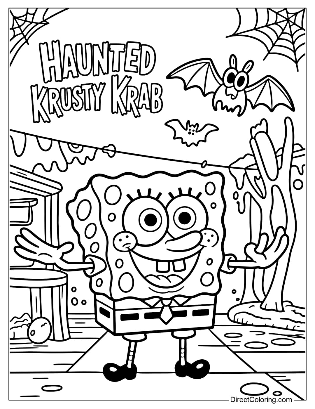 Coloring page Spongebob in the haunted Krusty Krab, with spider webs and sea bats.