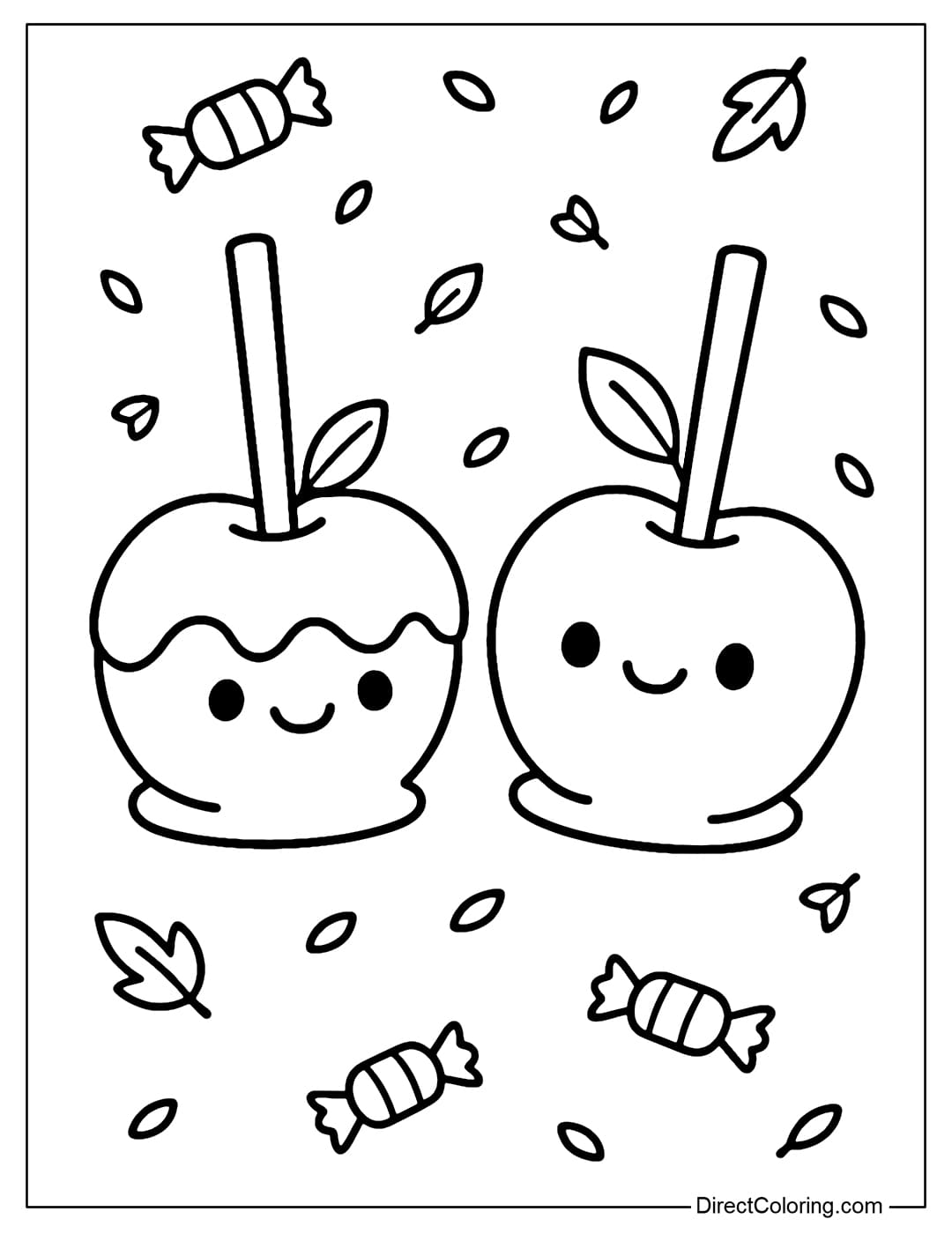 Caramel Apple Duo Coloring Page A coloring page of two caramel apples on a stick, surrounded by small candies and flying yellow leaves.