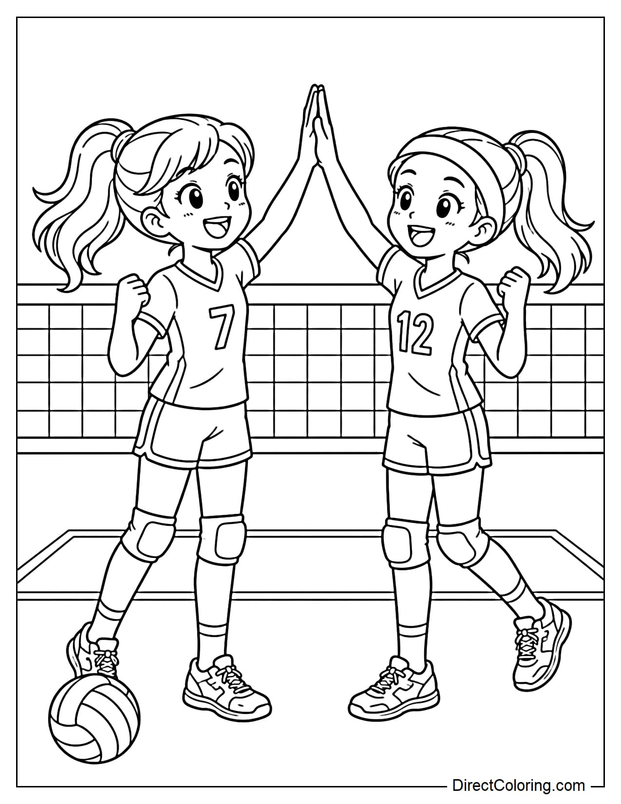 Two young girl volleyball players are giving each other a high five after scoring a point, with a volleyball resting on the court beside them.