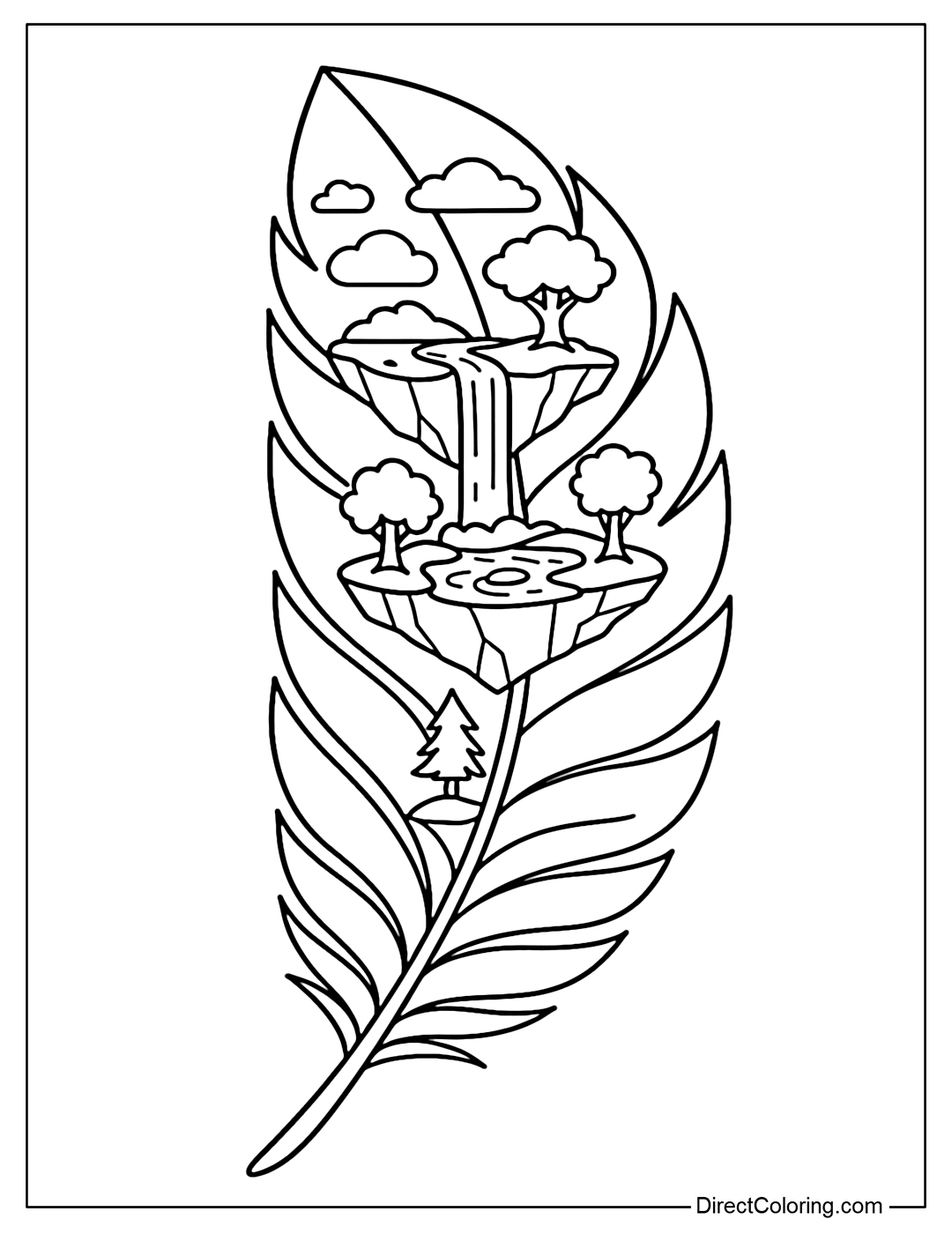 The feather coloring page has small floating islands inside with trees, clouds and streams.