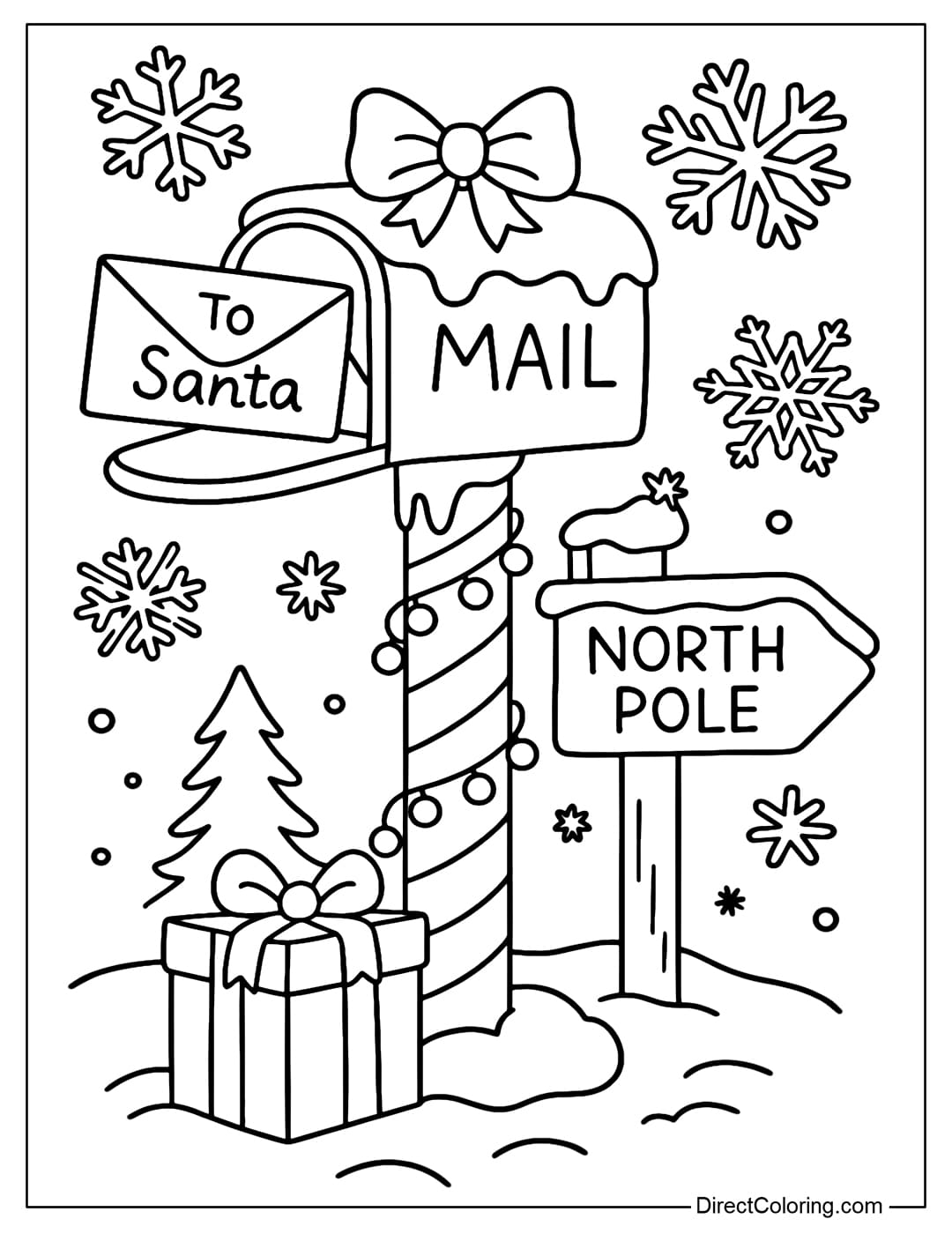 A Christmas mailbox coloring page built on an icicle, with a 