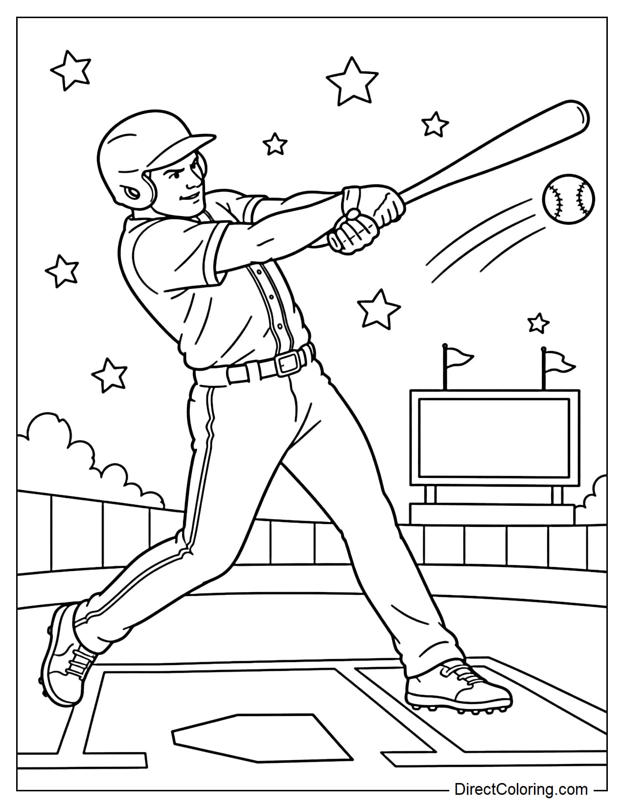 A baseball player is performing a powerful home run on the field, swinging the bat in a graceful curve.