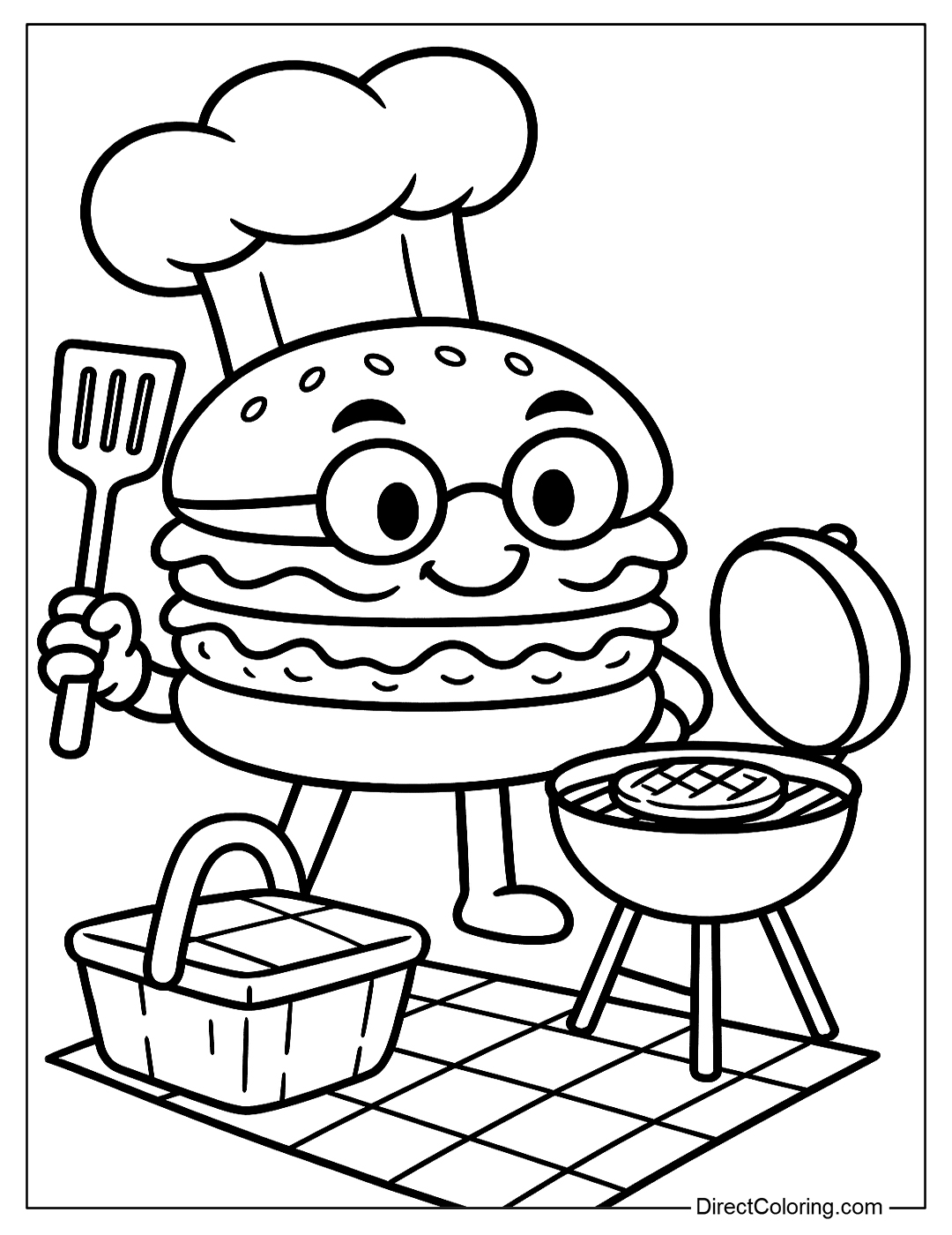 a coloring page of a hamburger wearing a chef's hat, holding a shovel and grilling meat.