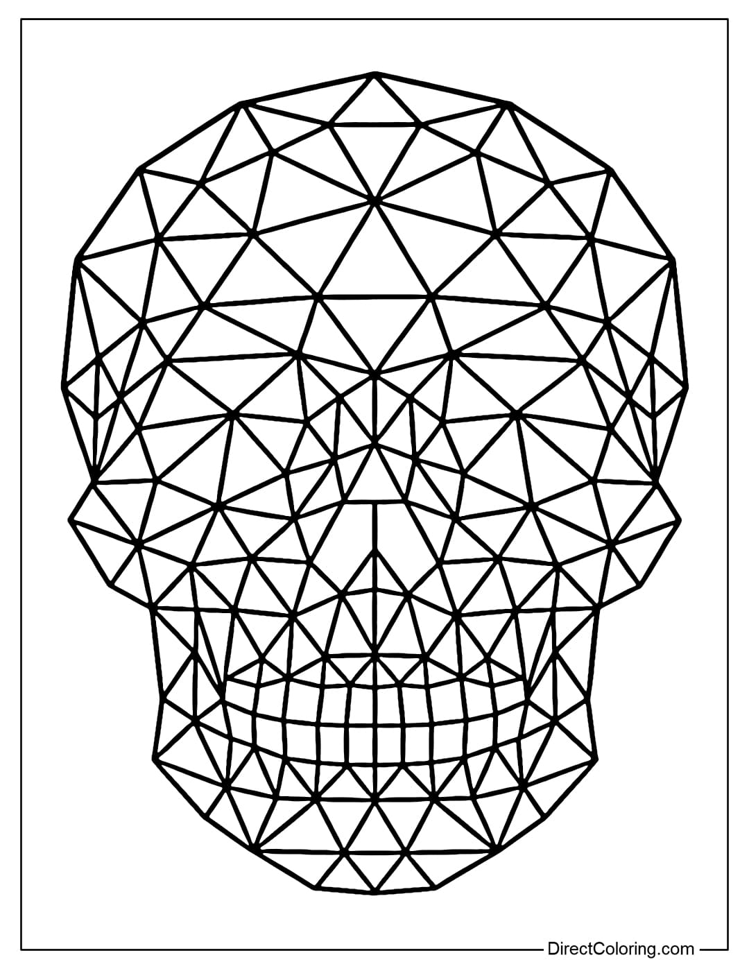A stylized skull coloring page with geometric patterns, triangles and polygons tightly interwoven to create a modern feel.