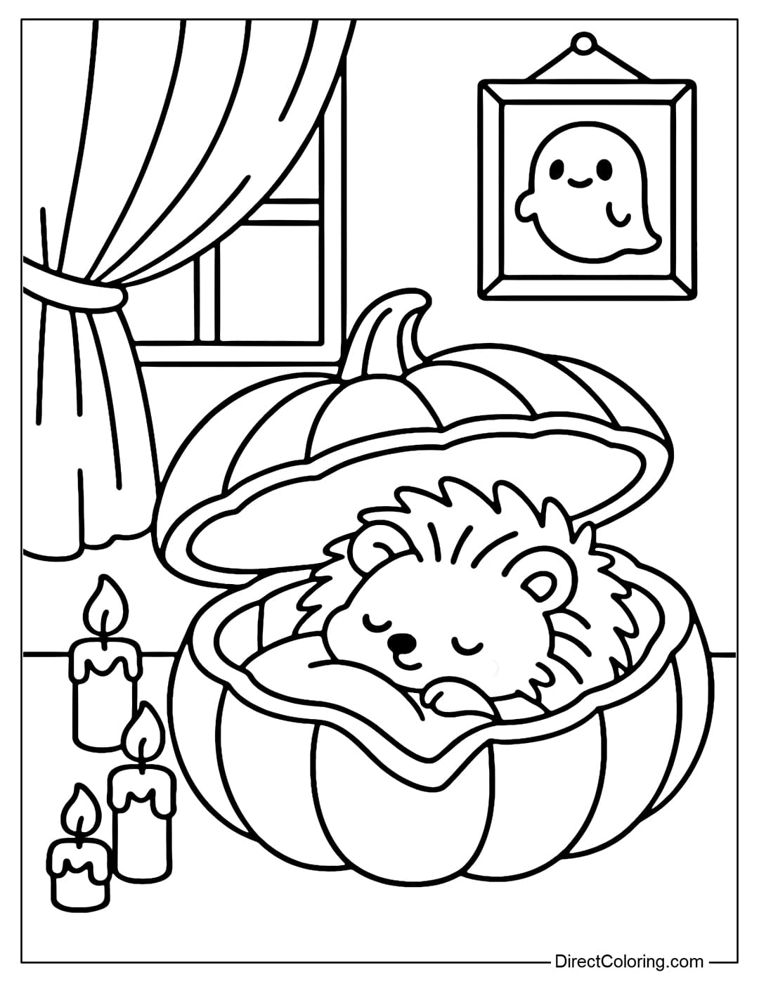 A little hedgehog sleeping in an open pumpkin like a bed. The room has soft curtains, a few low candles, and a cute ghost picture frame on the wall.