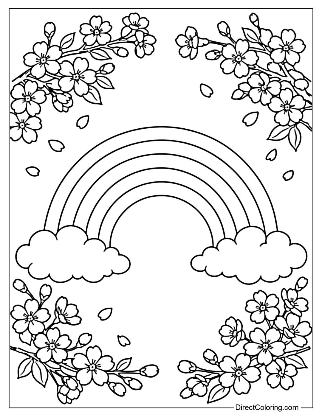 A coloring page with a rainbow combined with blooming cherry blossoms.