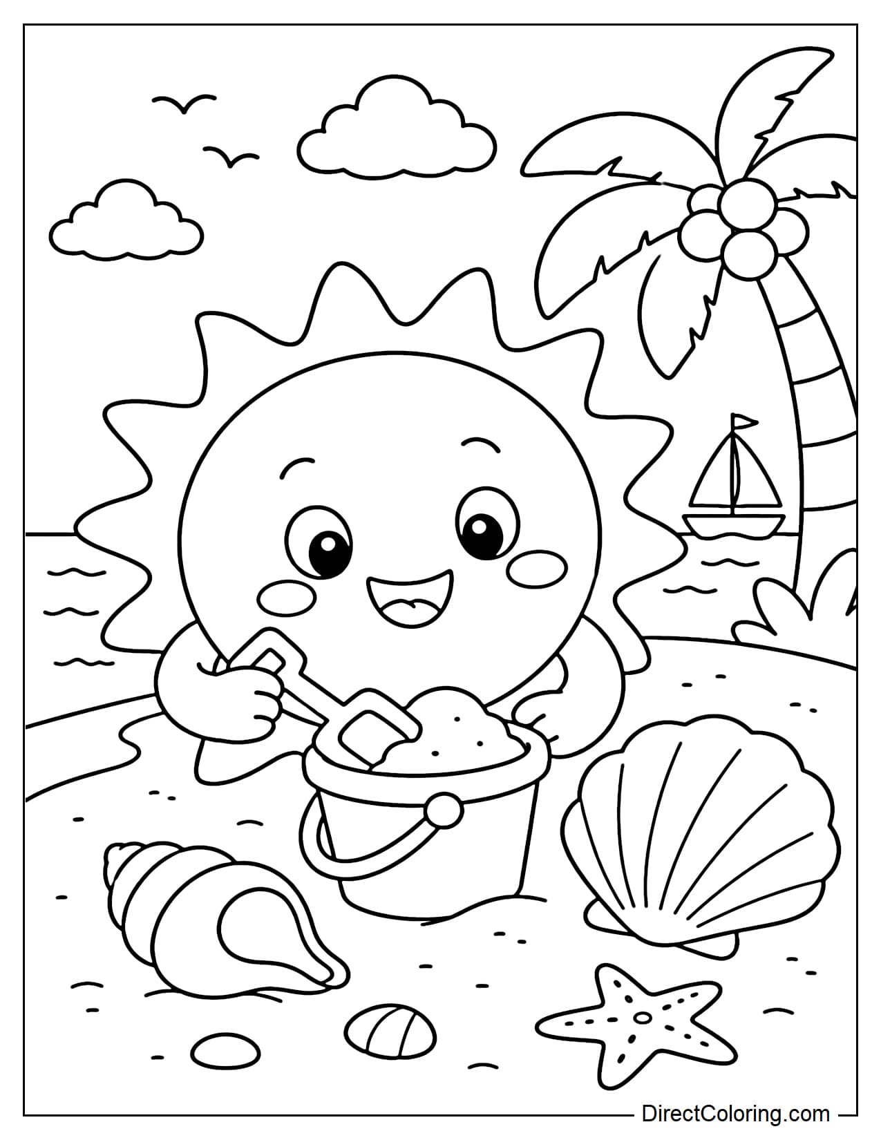A cartoon sun is playing on the beach with a bucket of sand and a large seashell.