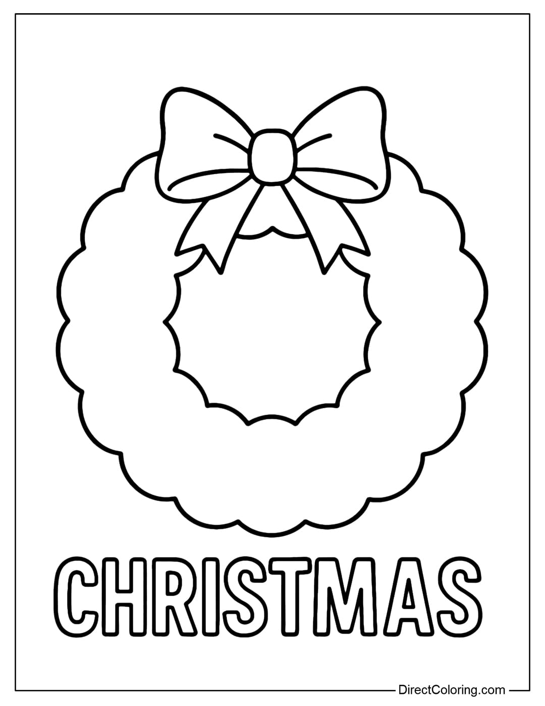 Christmas Wreath with Bow Coloring Page A wreath coloring page with a large bow tied at the top, and the word CHRISTMAS written below.