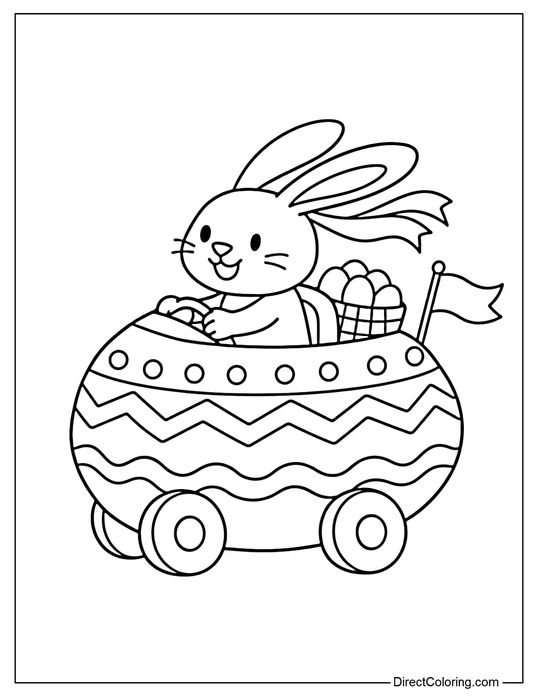 This coloring page features an Easter bunny driving an egg-shaped car with round wheels and fluffy ears.