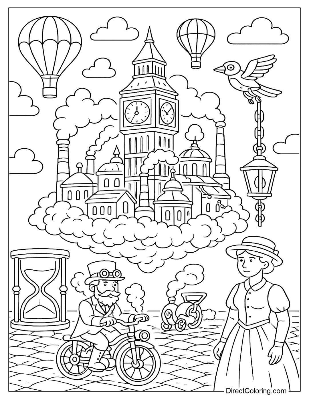 A floating city with a clock tower, steam chimneys, and hot air balloons flying around coloring for kids