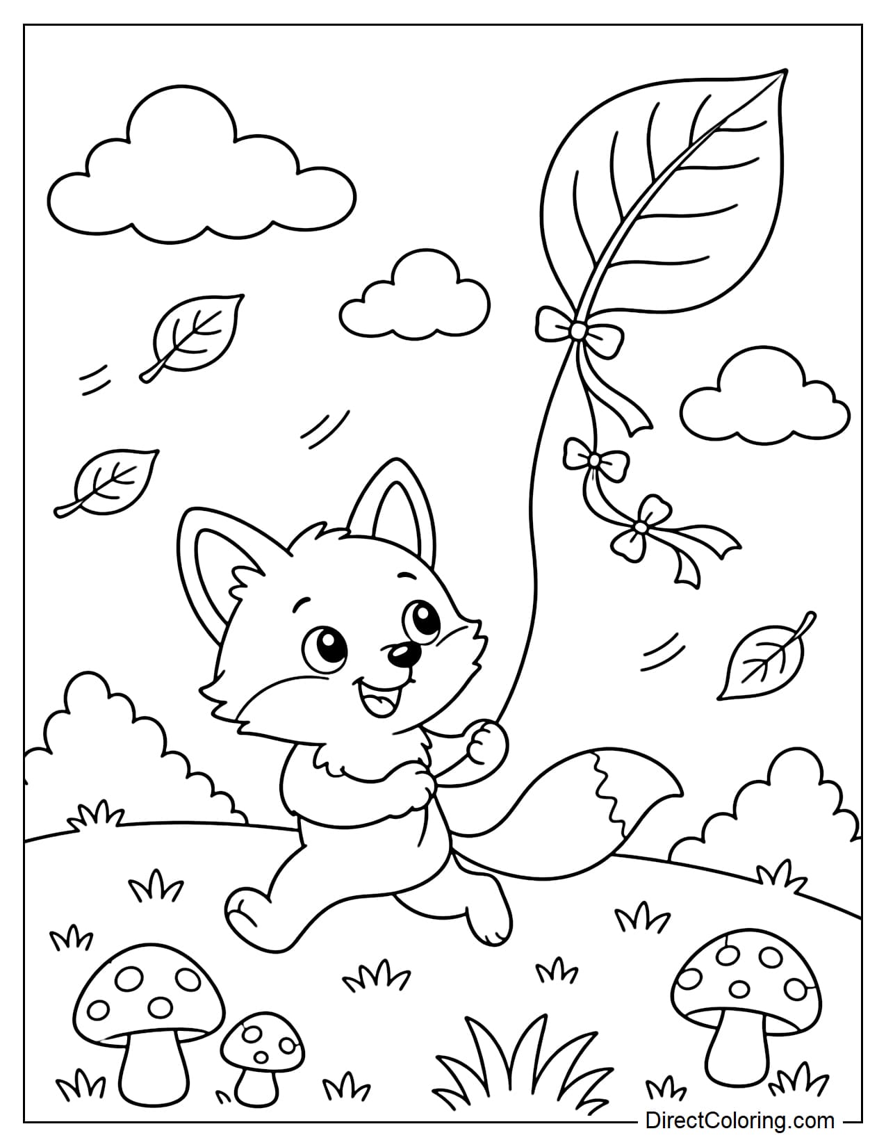 A cute little fox is running across a meadow and flying a large leaf-shaped kite in the wind, surrounded by flying leaves, round mushrooms, and clouds.