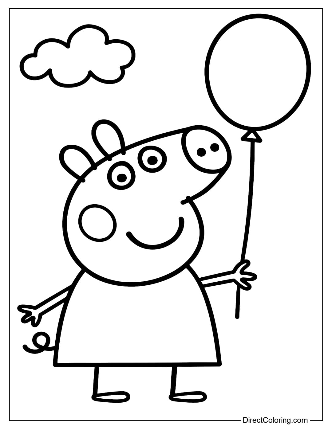 Coloring page Peppa Pig holding a large round balloon, standing on a blank background or with just a few clouds.