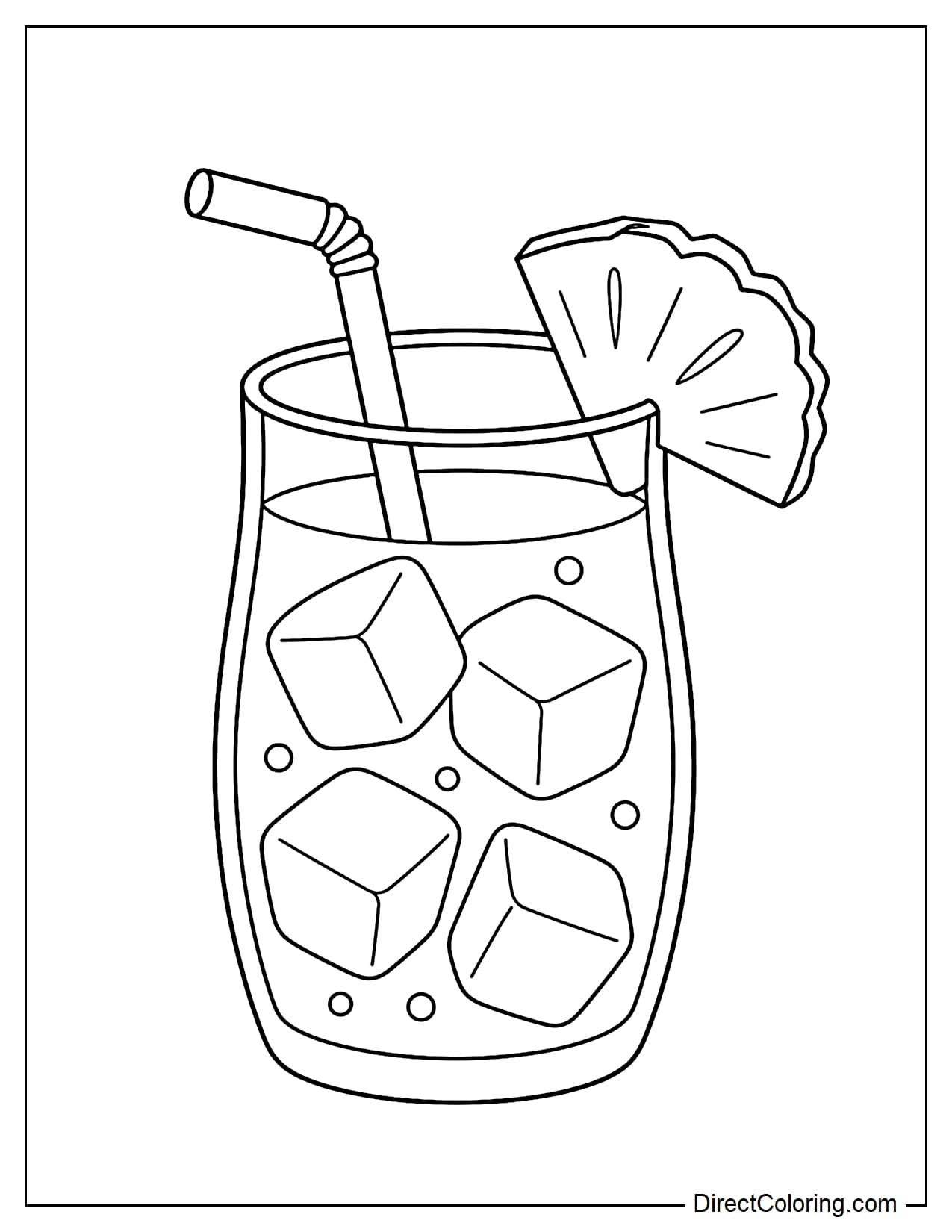 A glass of pineapple juice with large ice cubes inside, topped with a simple pineapple slice attached to the rim and a straw.