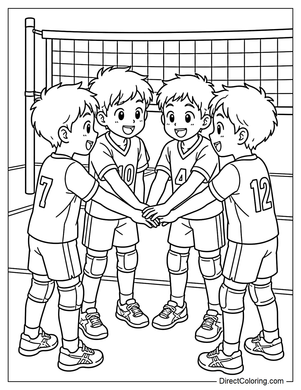 A group of four young boy volleyball players are standing in a circle and placing their hands together in the center before the game, with a volleyball net behind them.